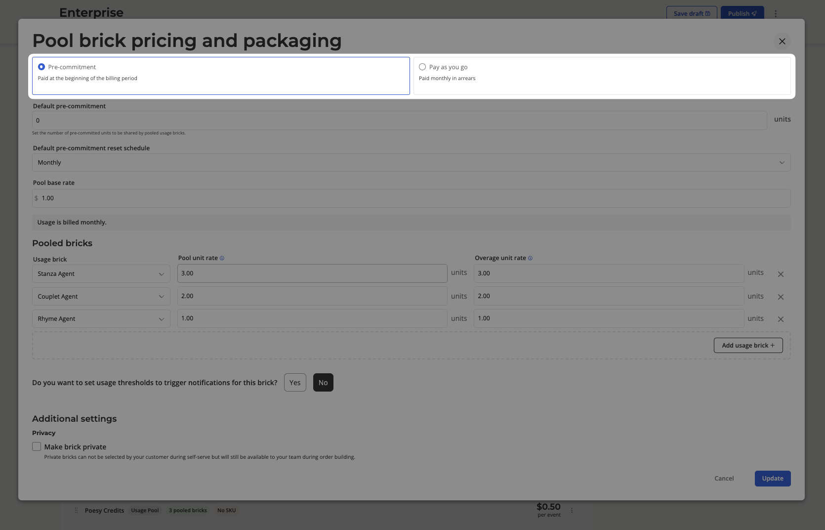 Billing mode selector with Pre-commitment and Pay as you go options