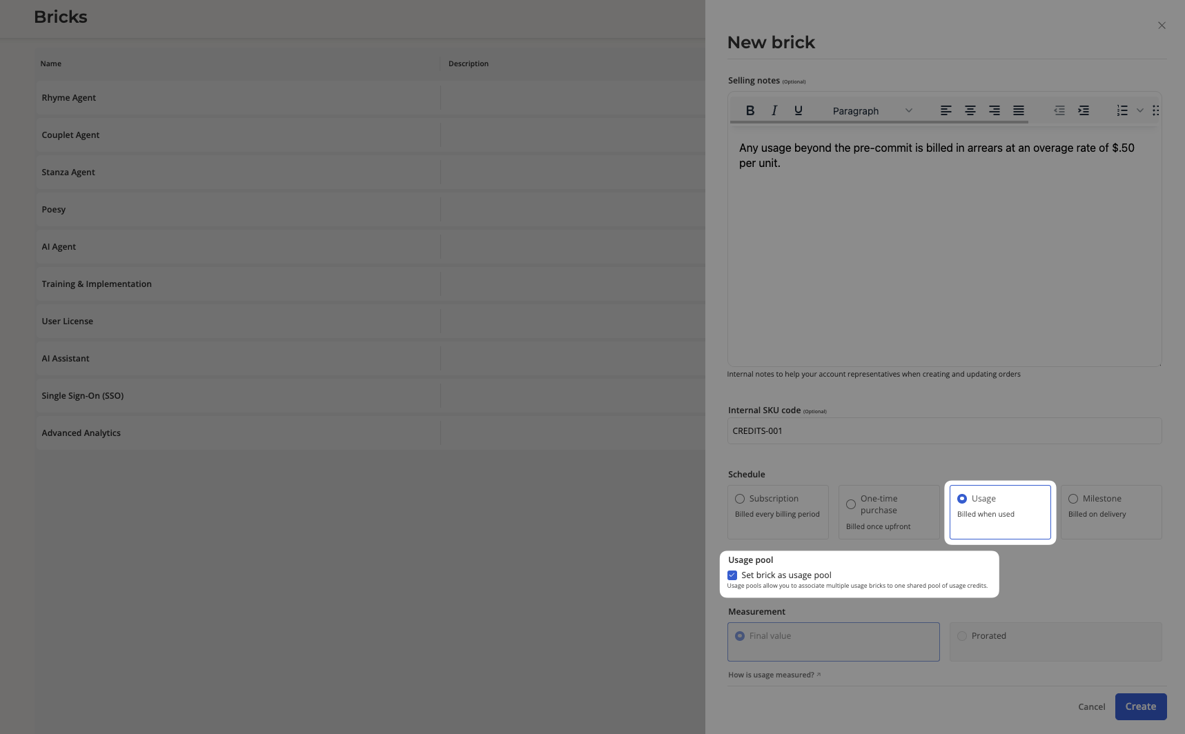 New brick form with the Usage schedule and the Set brick as usage pool checkbox selected