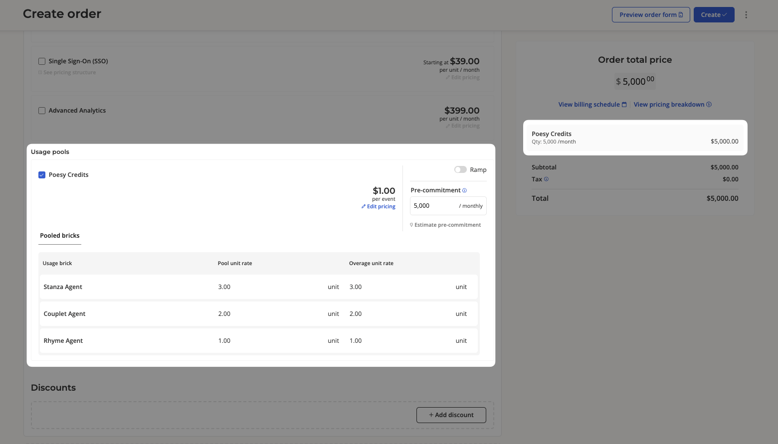 Usage pools section of the order builder showing a selected pool and its pooled bricks tab