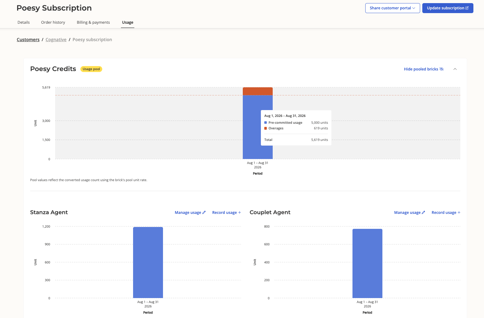 Subscription usage page showing a usage pool card and the charts for its pooled bricks