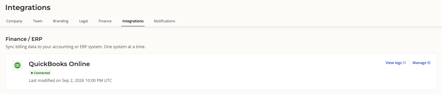 The QuickBooks Online card in Salesbricks integration settings after connecting, showing a green Connected tag.