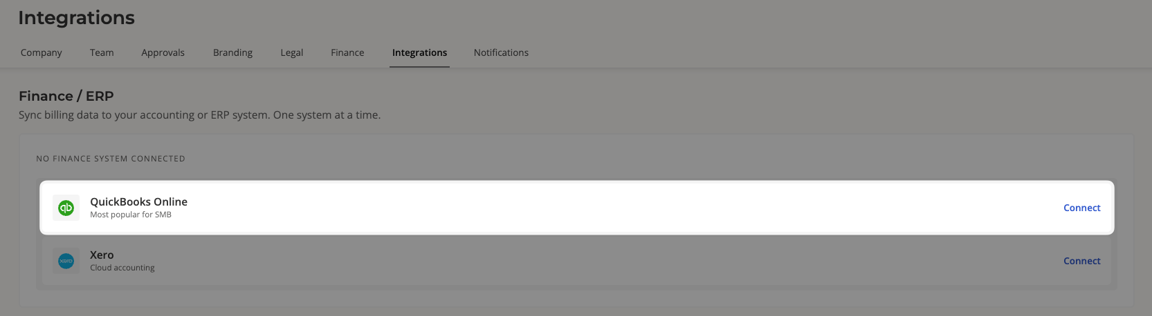 The Finance / ERP section of Salesbricks integration settings, showing the QuickBooks Online option and its Connect button.