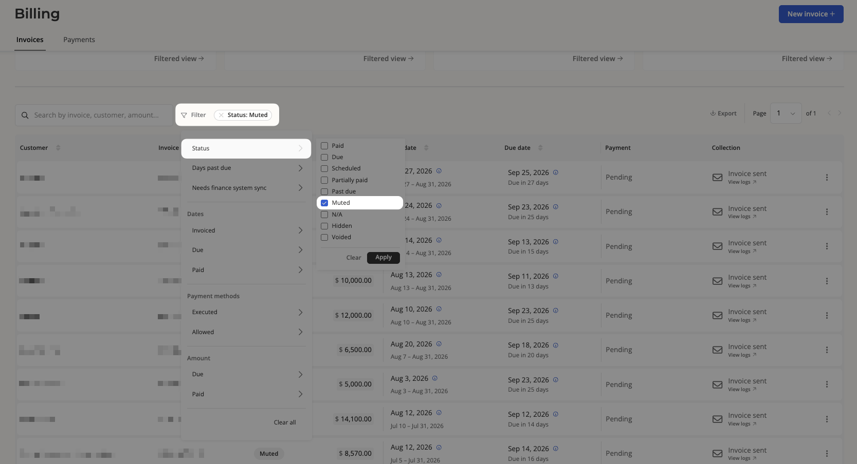 Muted invoice status filter and QuickBooks auto-sync toggle