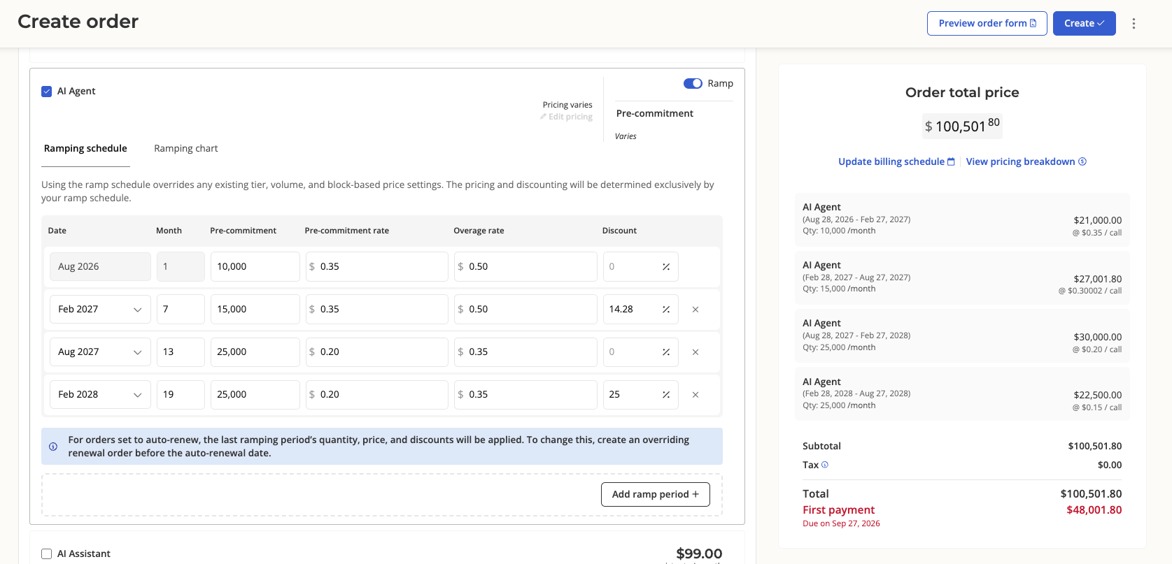 Ramping schedule with pre-commitment, overage rate, and discount on a usage brick