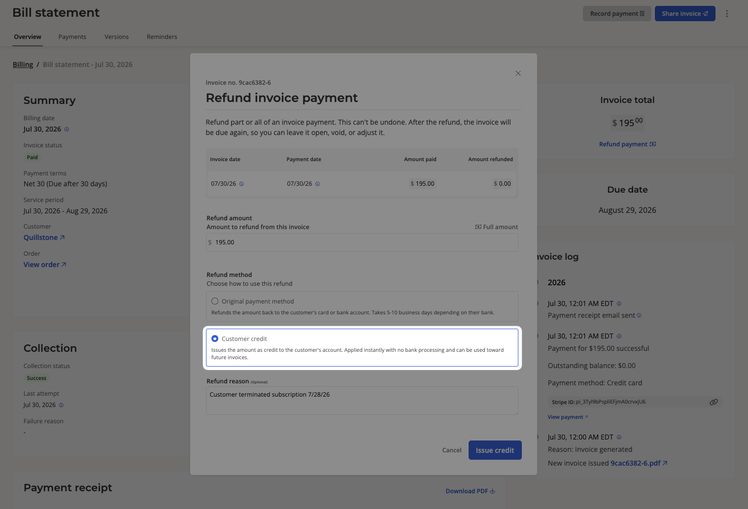 Refunding a paid invoice to the customer's credit pool