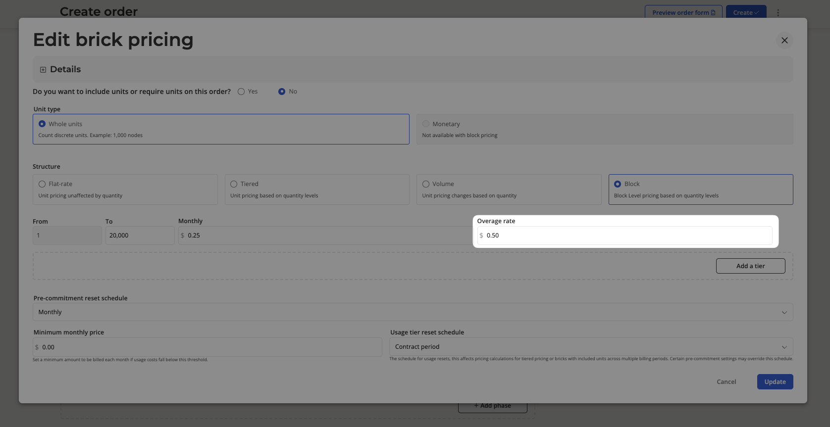 Overage rate configured on a usage brick with block pricing