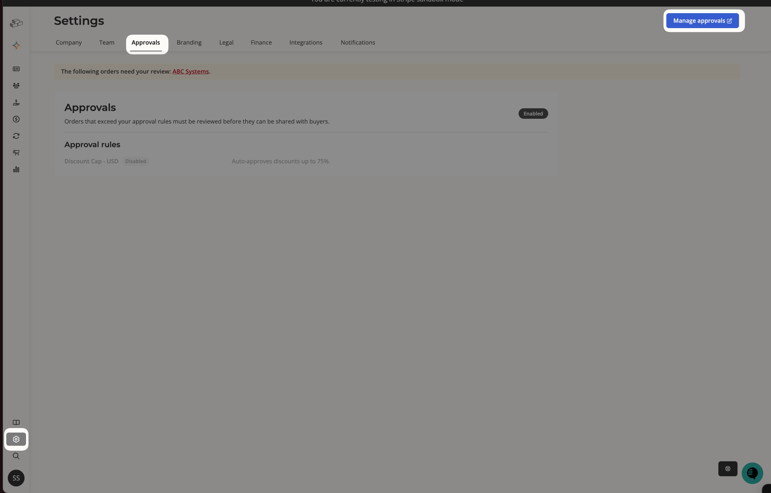 Manage approvals page with the Require approval before orders are shared toggle