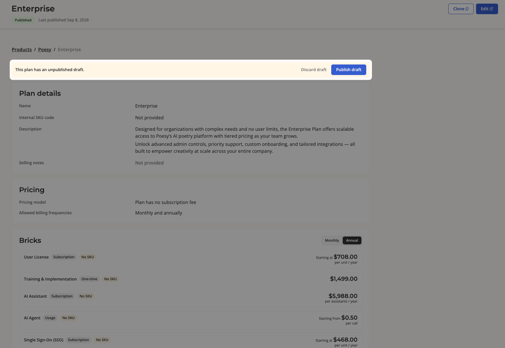 Draft version badge on the plan details page