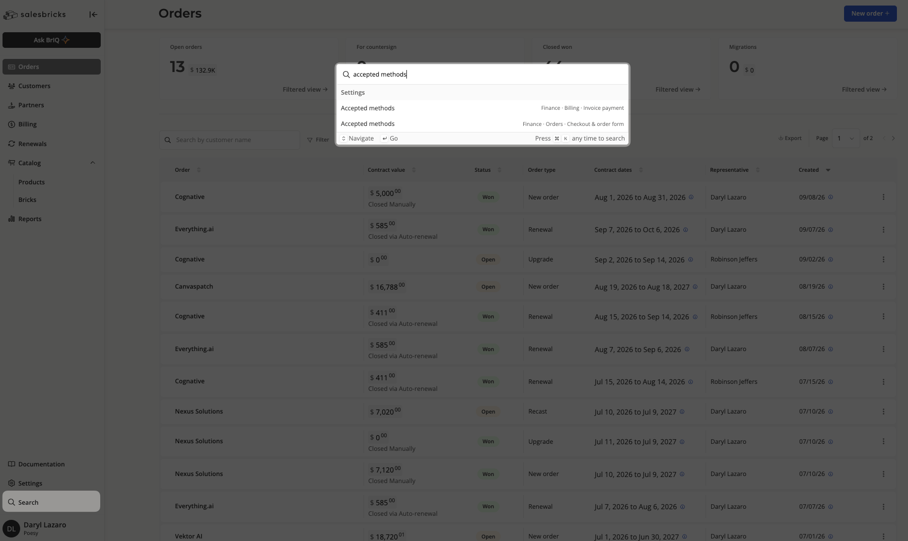 Searching finance settings from the left navigation