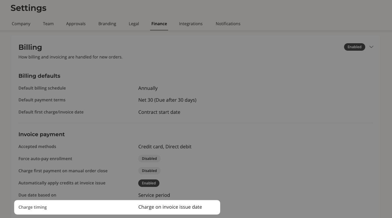 First invoice date preference in finance settings