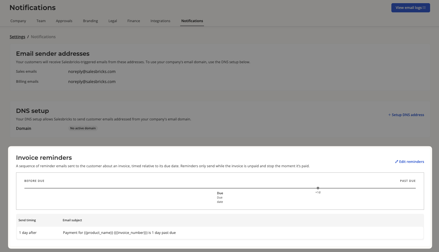 Past-due invoice reminder schedule in notification settings