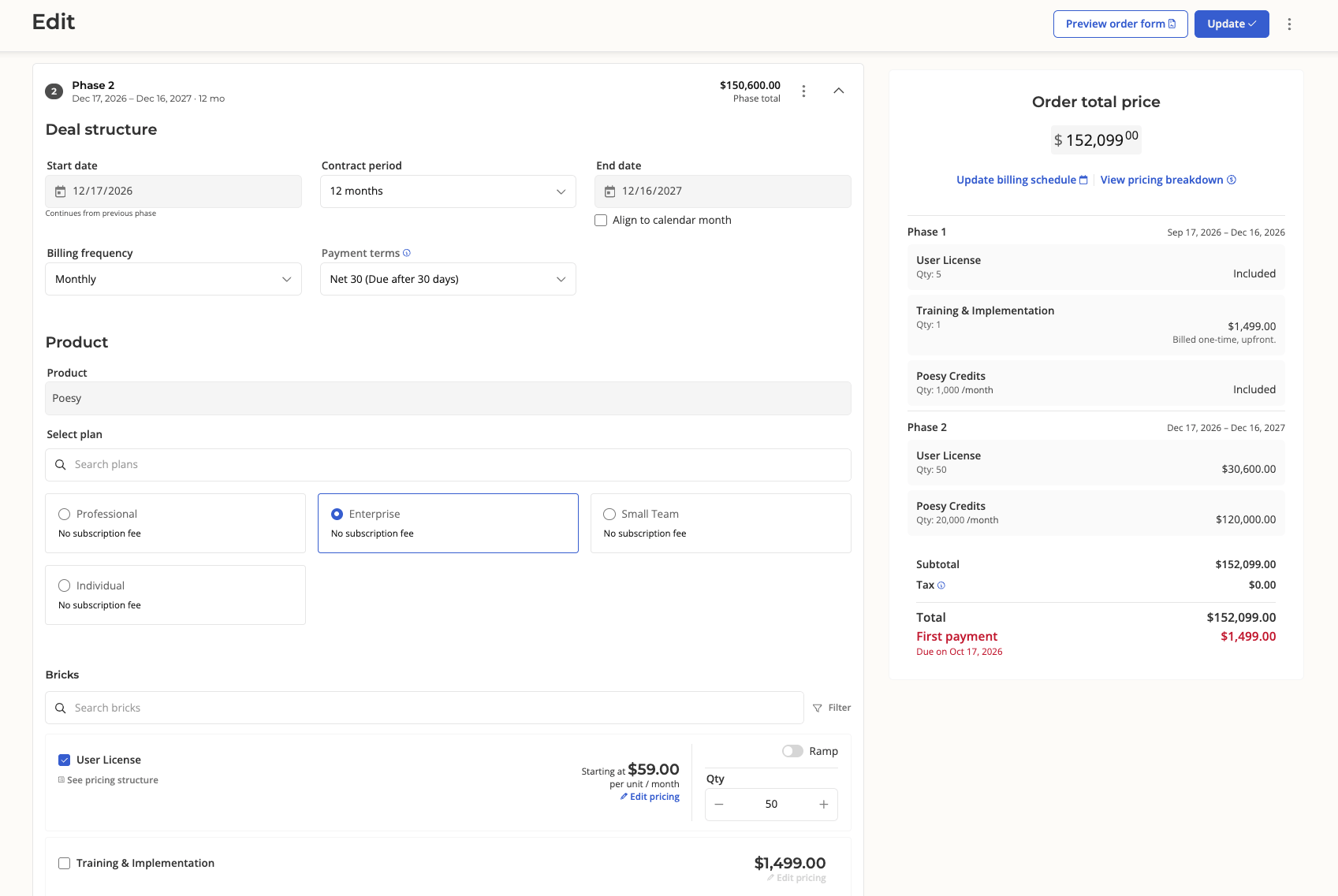 Building an order with multiple phases in the order builder