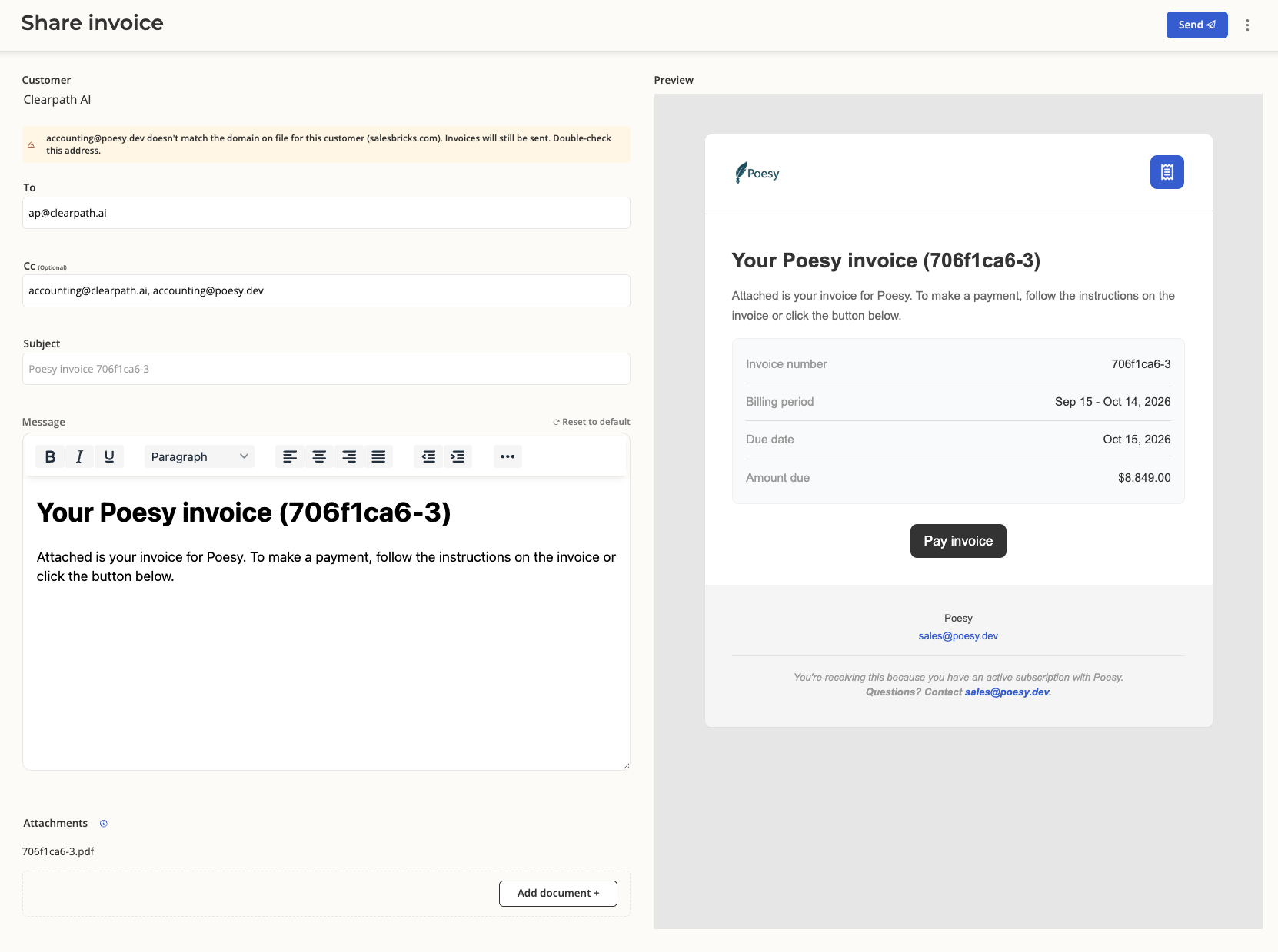Redesigned share invoice dialog with CC recipients and attachments
