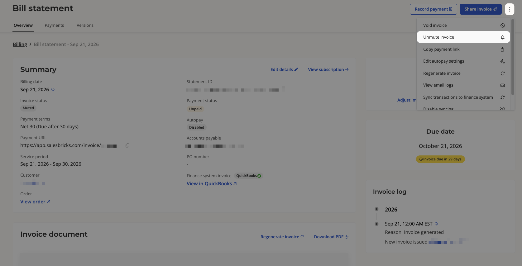 Unmute action on a muted invoice