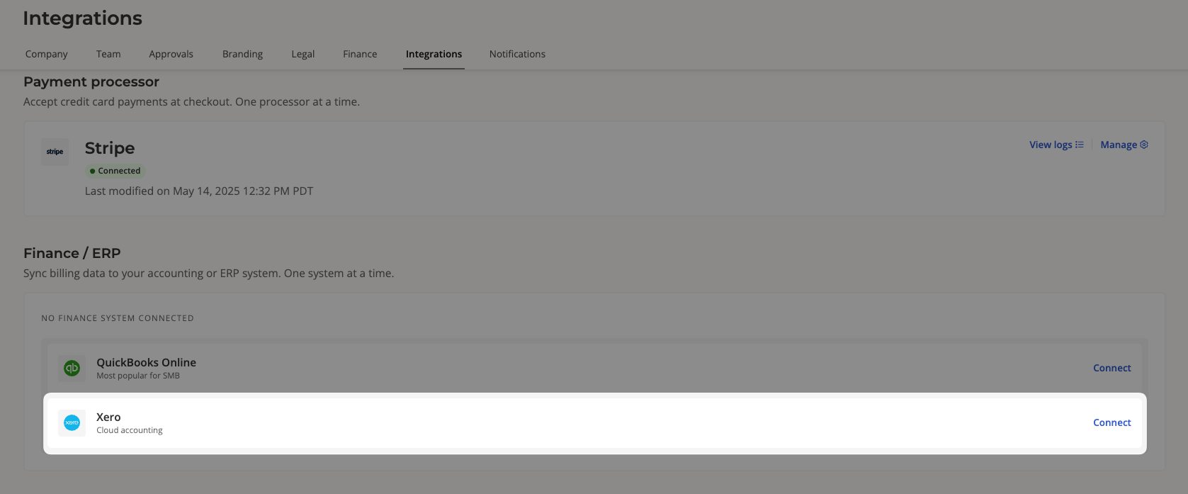Xero integration settings and sync log