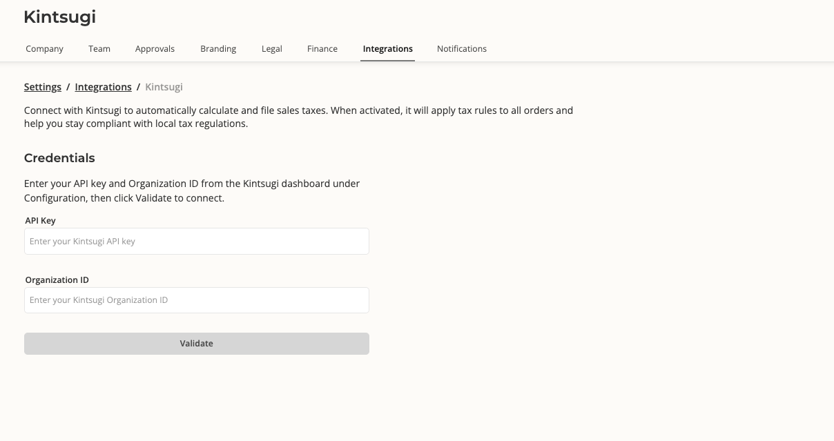 Kintsugi integration page with API Key and Organization ID fields