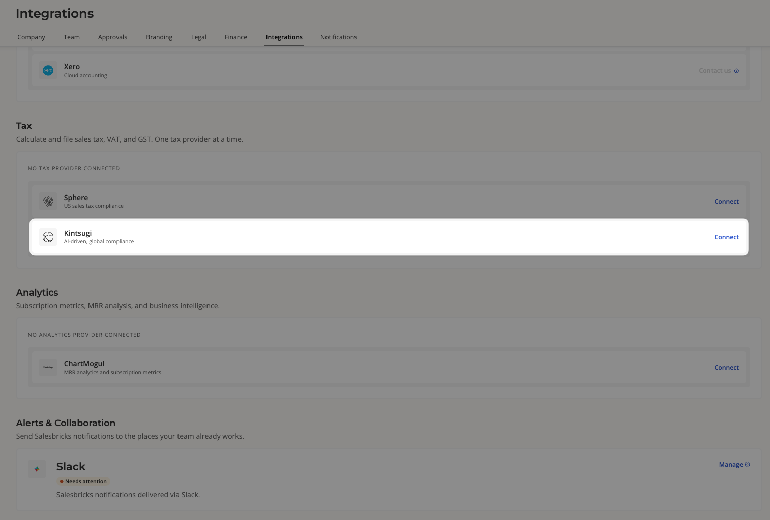 Salesbricks Integrations page with the Kintsugi option under the Tax section