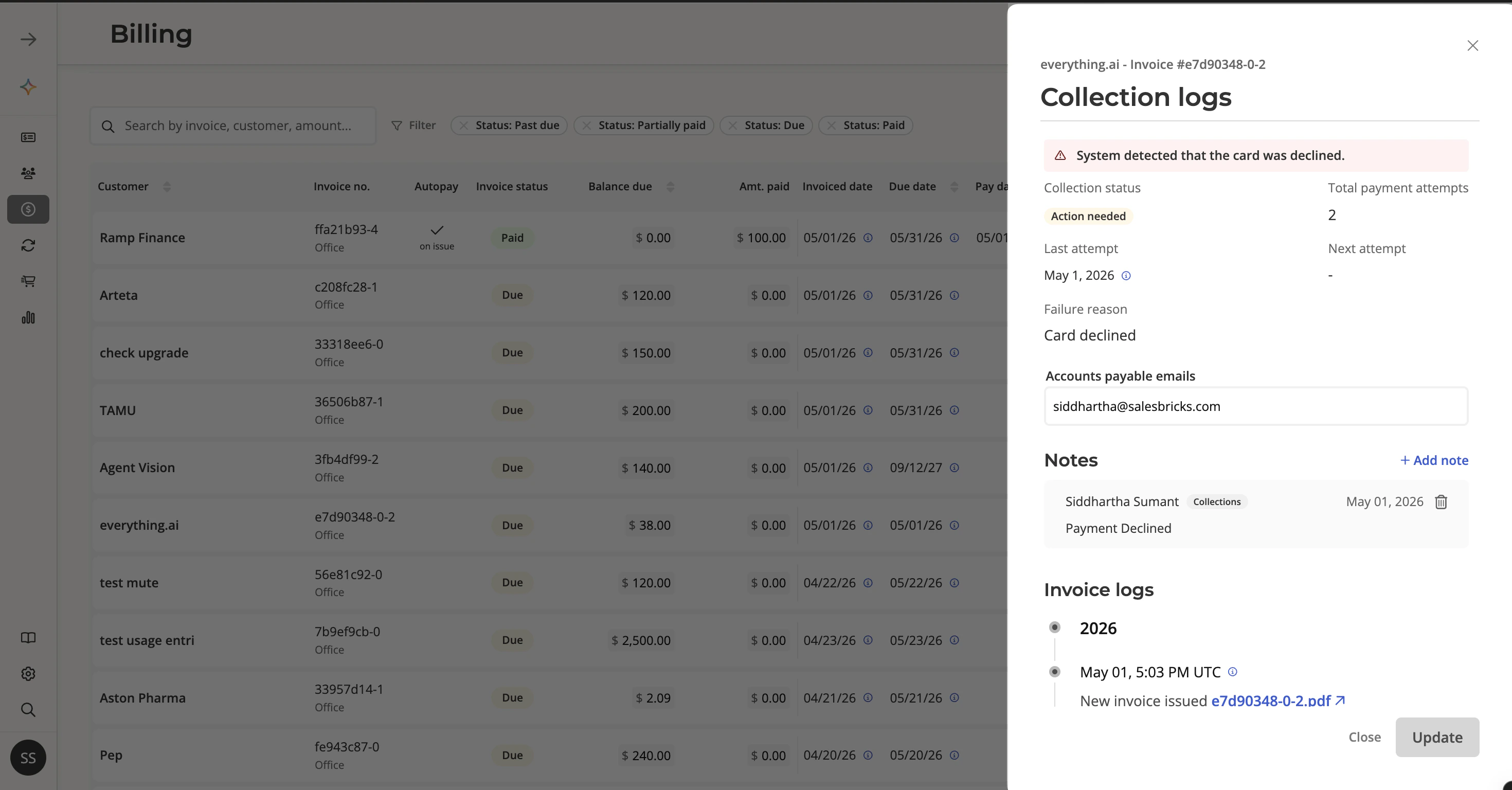 Collection logs panel showing payment failure details