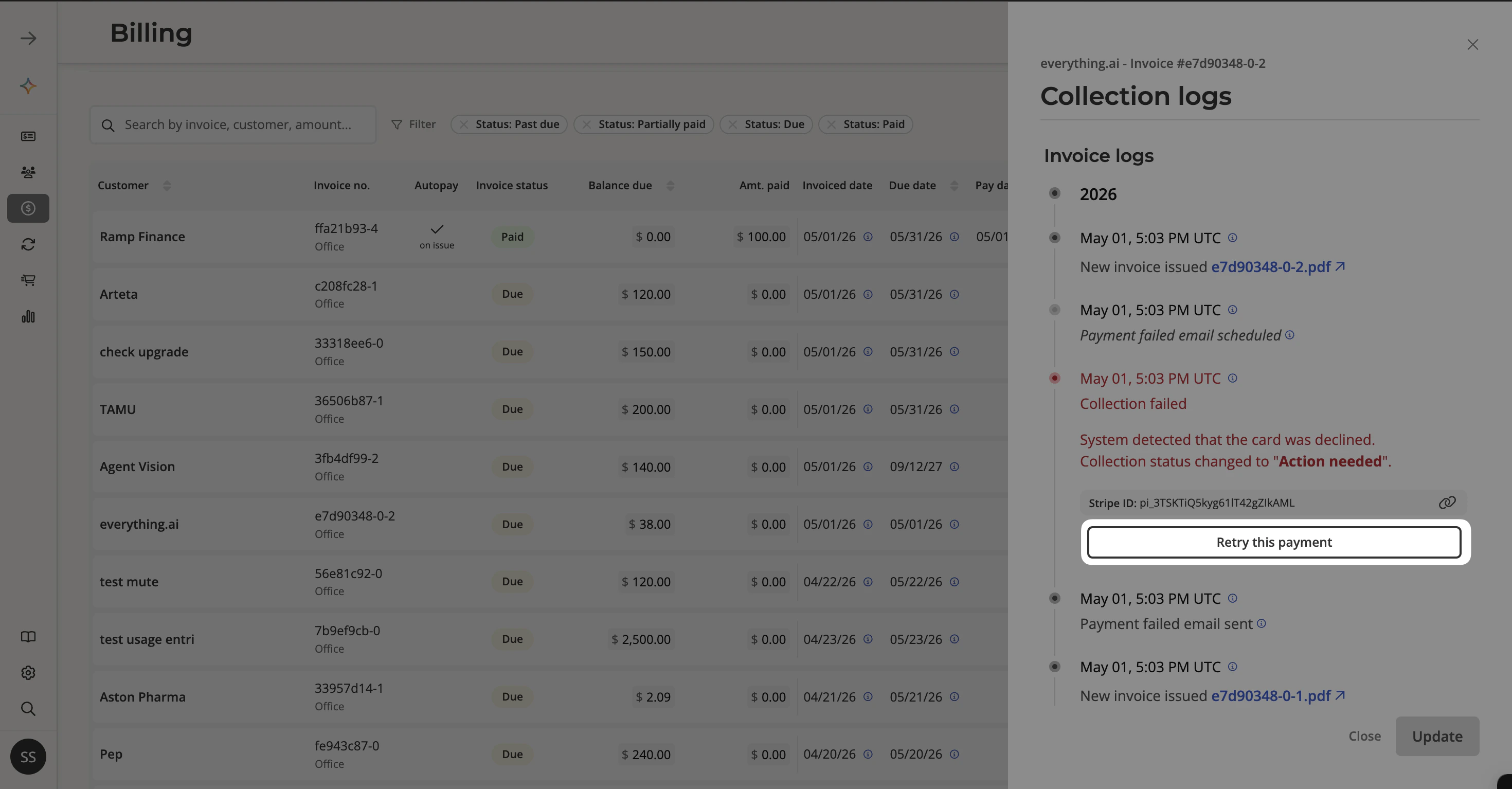 Invoice log showing payment failure and retry option