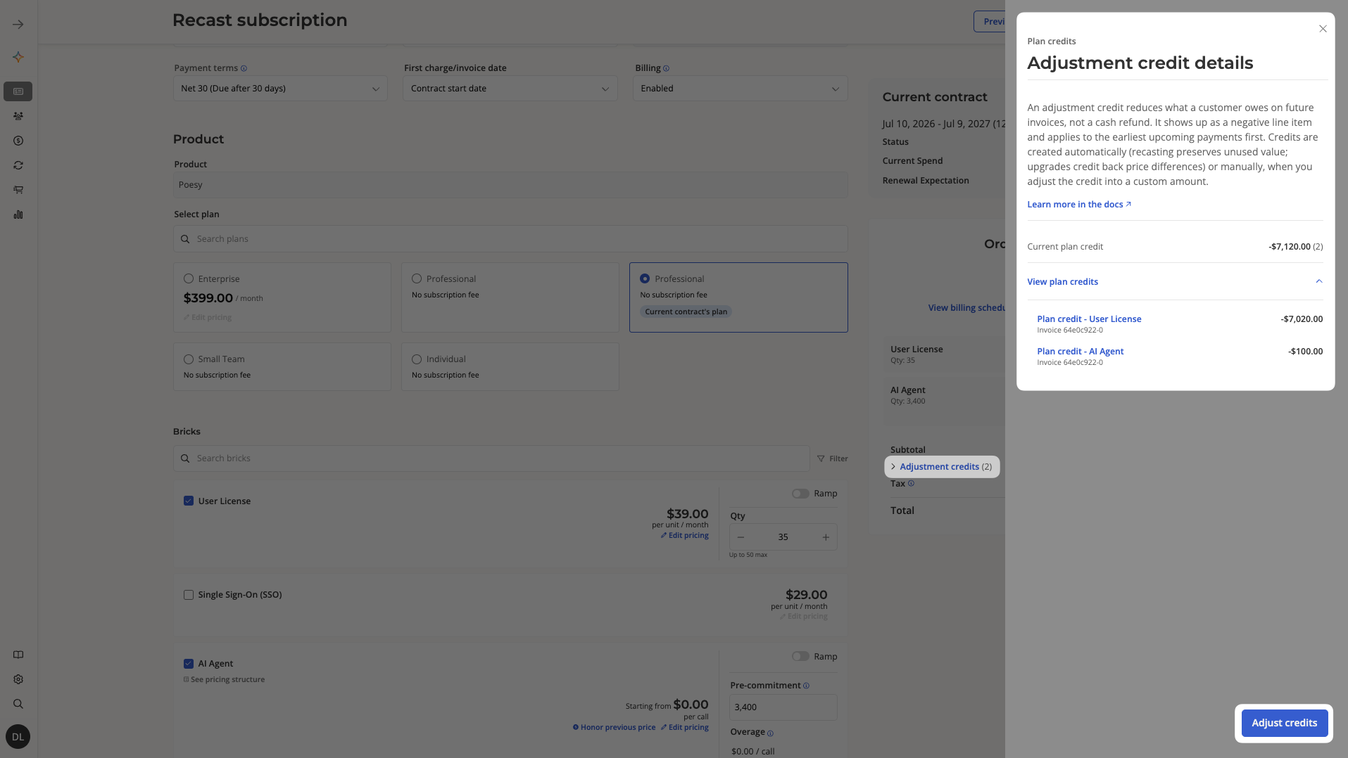 Adjustment credit breakdown drawer