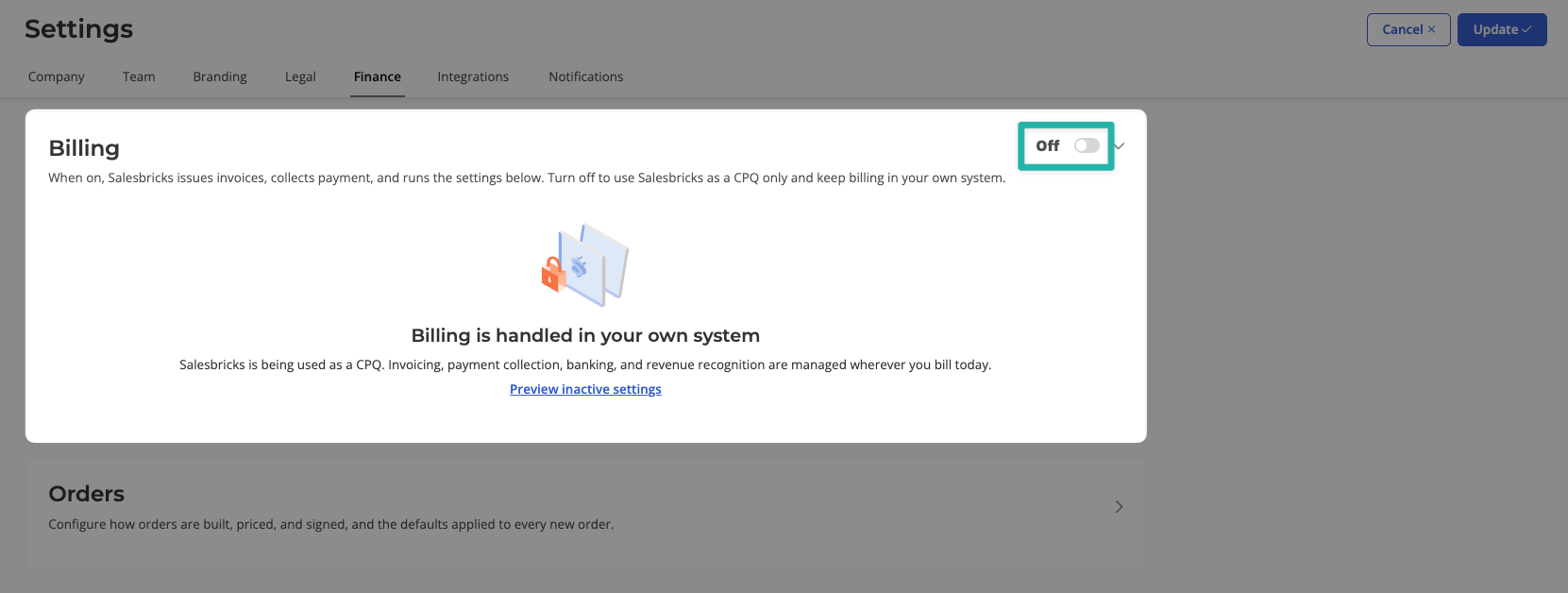 Billing toggle in team finance settings