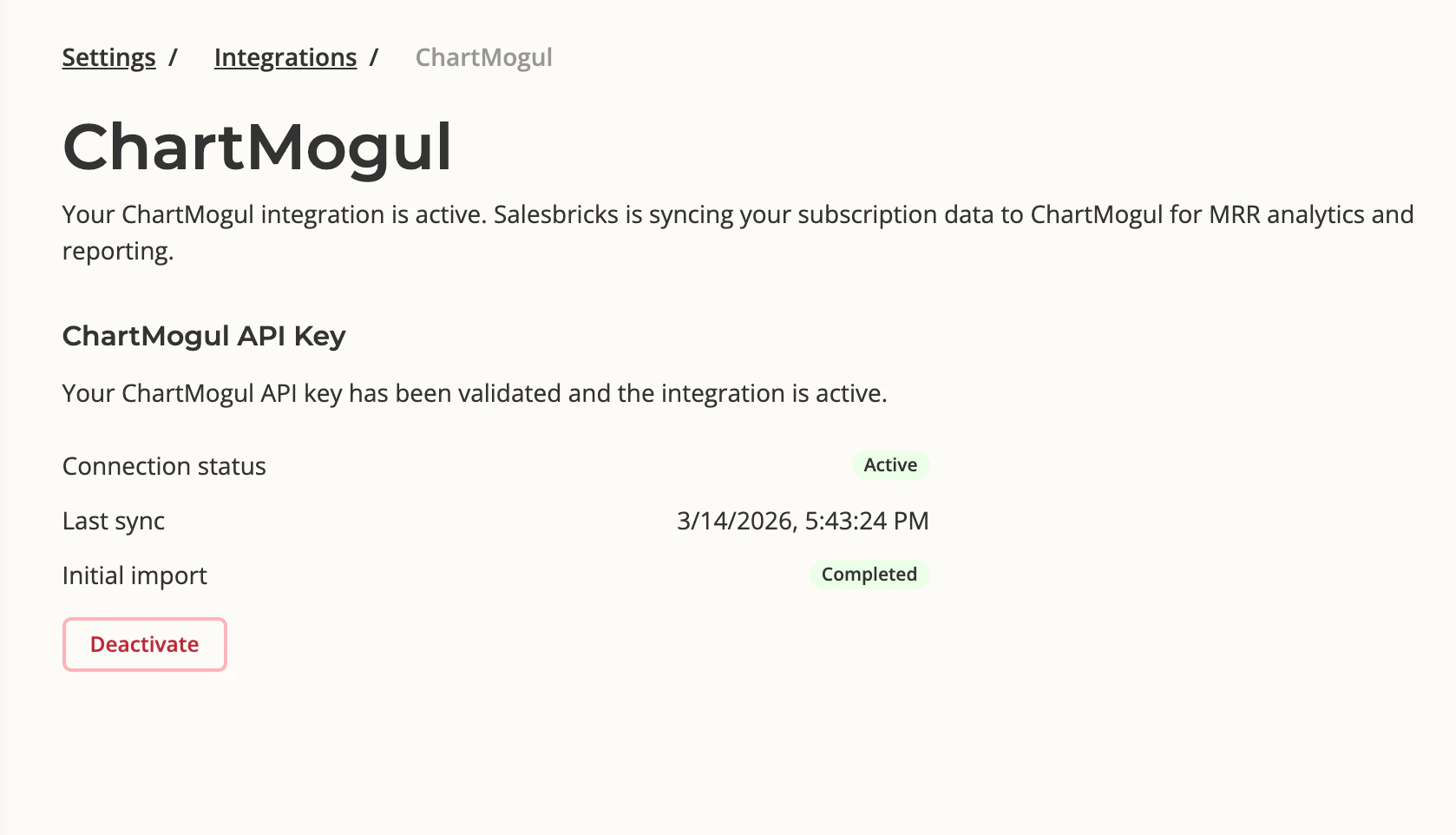 Salesbricks ChartMogul settings page showing Active status