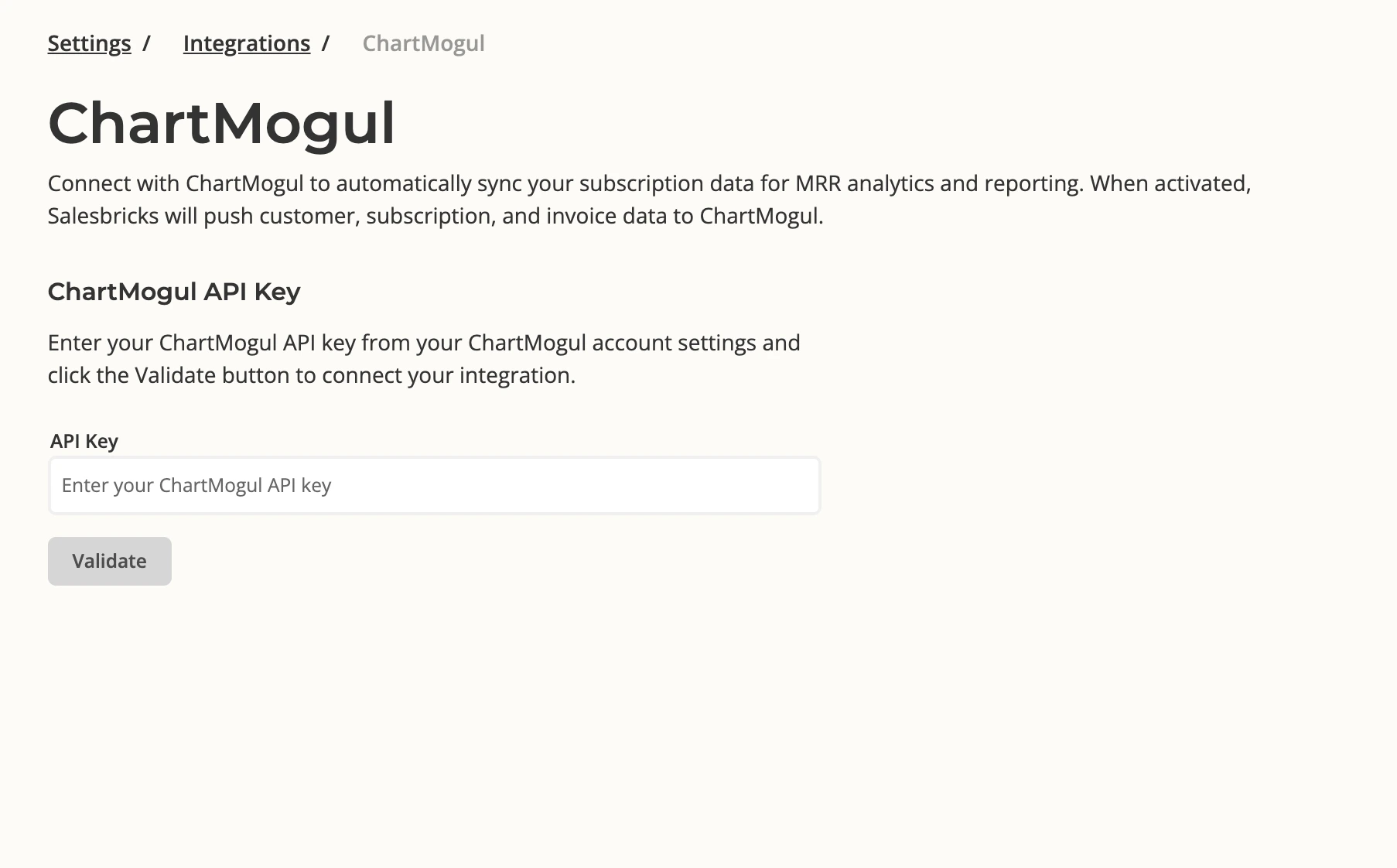 Salesbricks ChartMogul settings page with API key field