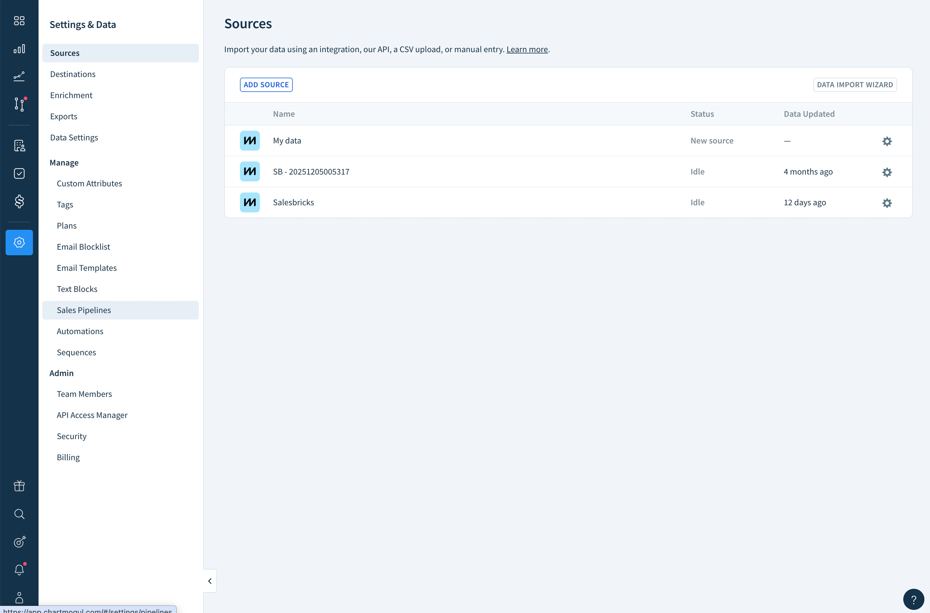 ChartMogul Sources page showing Salesbricks source