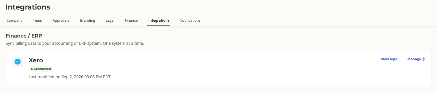 The Xero integration page in Salesbricks after connecting, showing a green Connected tag on the Xero card.