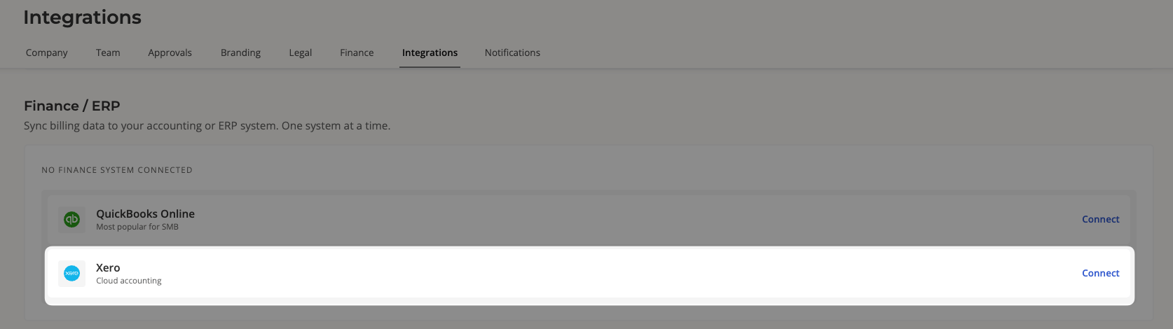 The Finance / ERP section of Salesbricks integration settings, showing the Xero option and its Connect button.