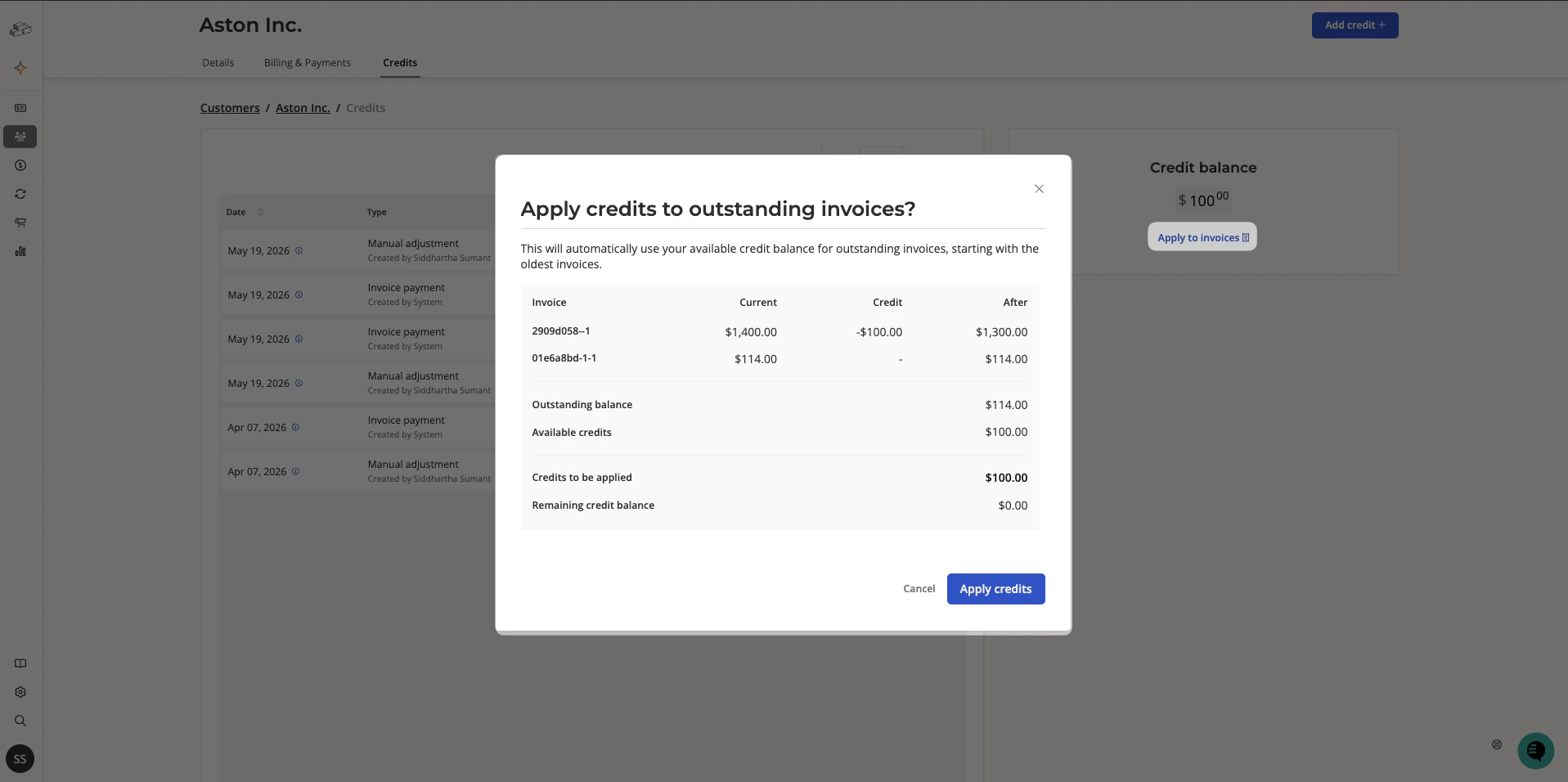 Apply credits to outstanding invoices modal