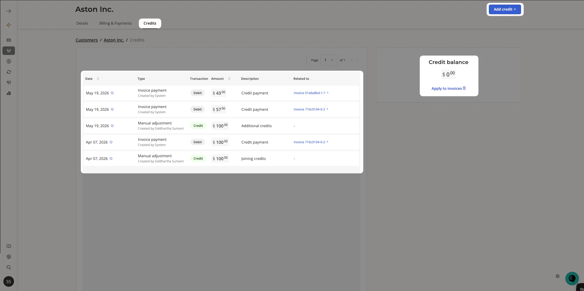 Credits tab showing credit balance and transaction log