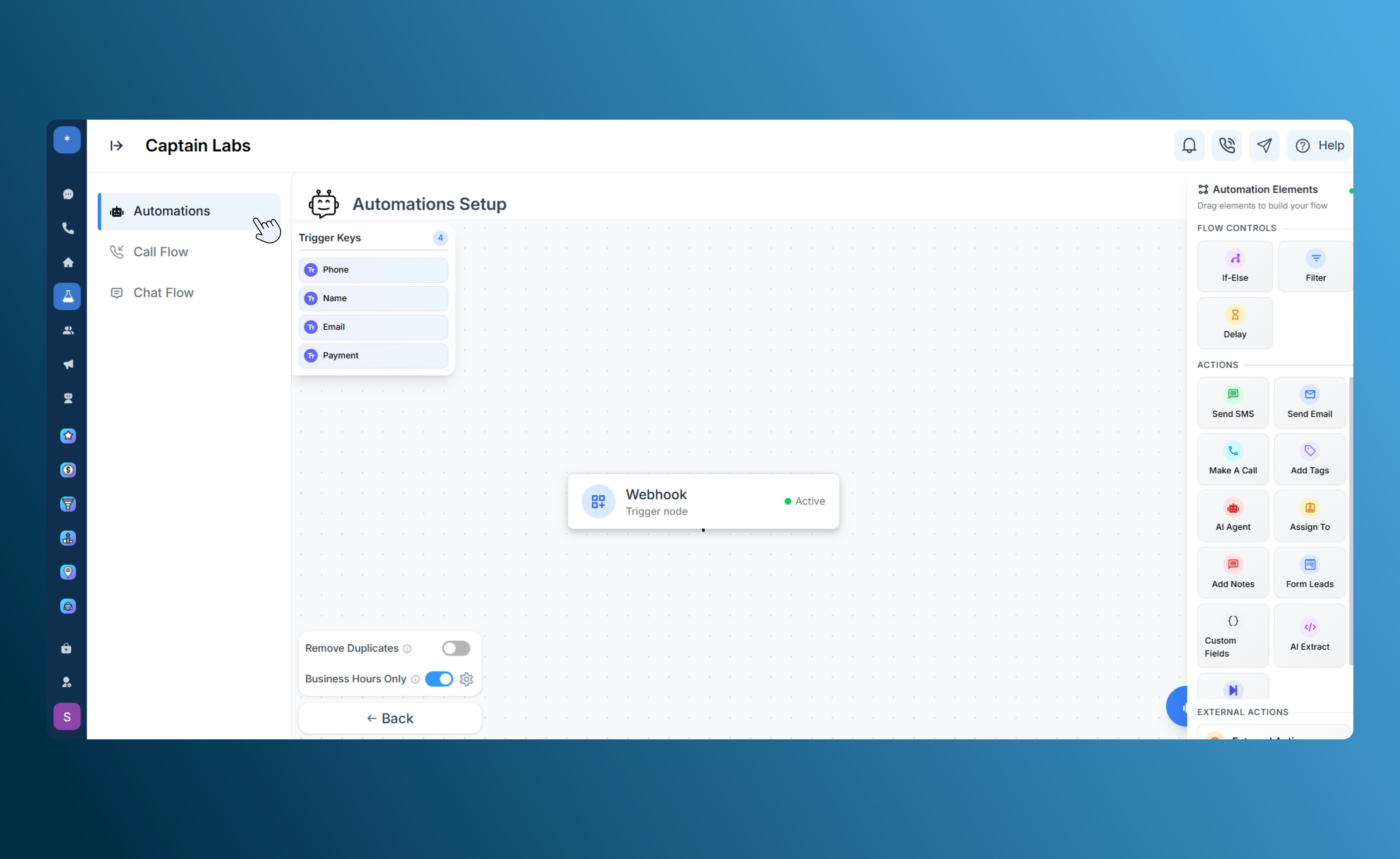 Canvas view showing Webhook trigger in SalesCaptain automation builder