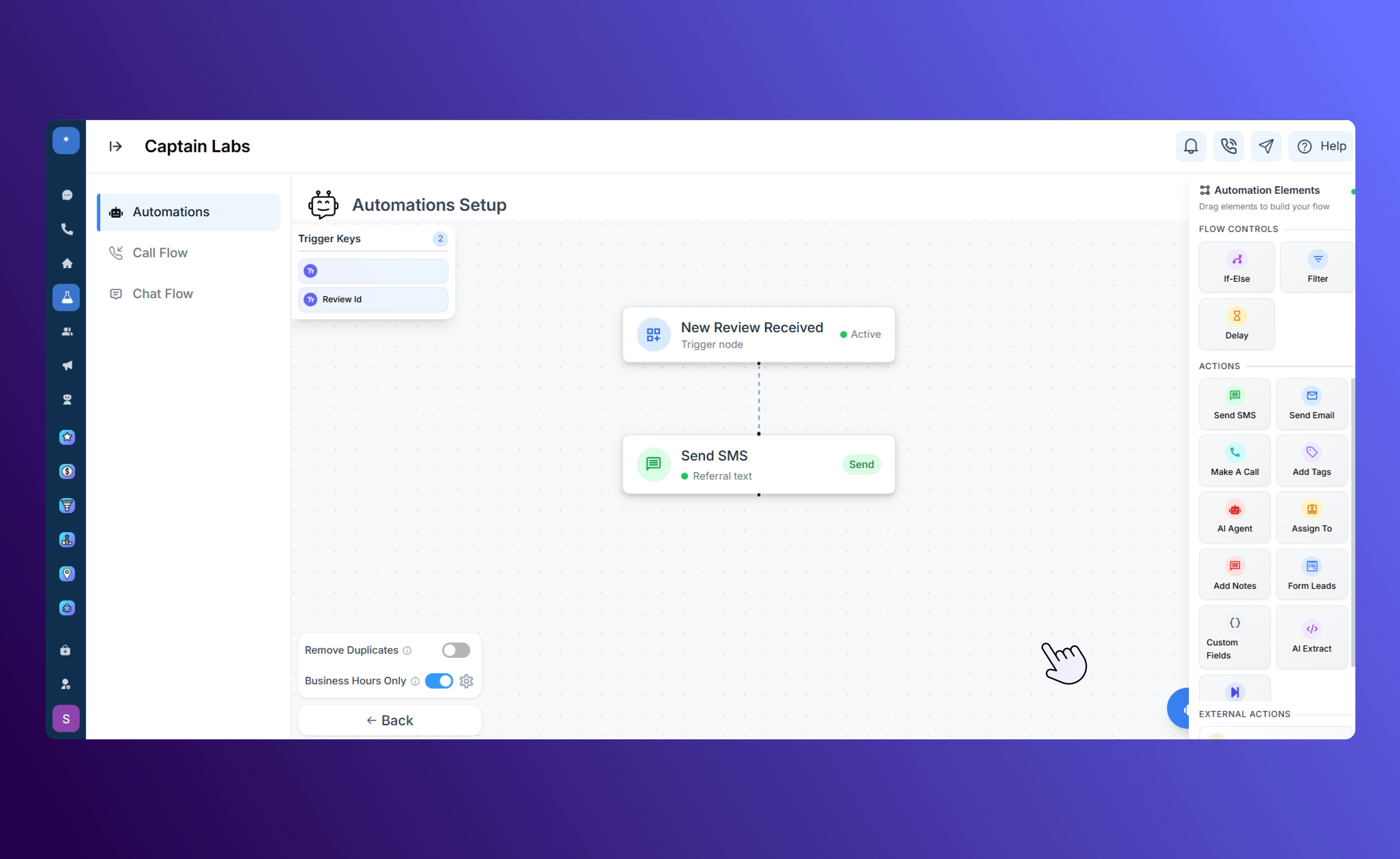 Cavnas view with Send SMS element in SalesCaptain automation builder
