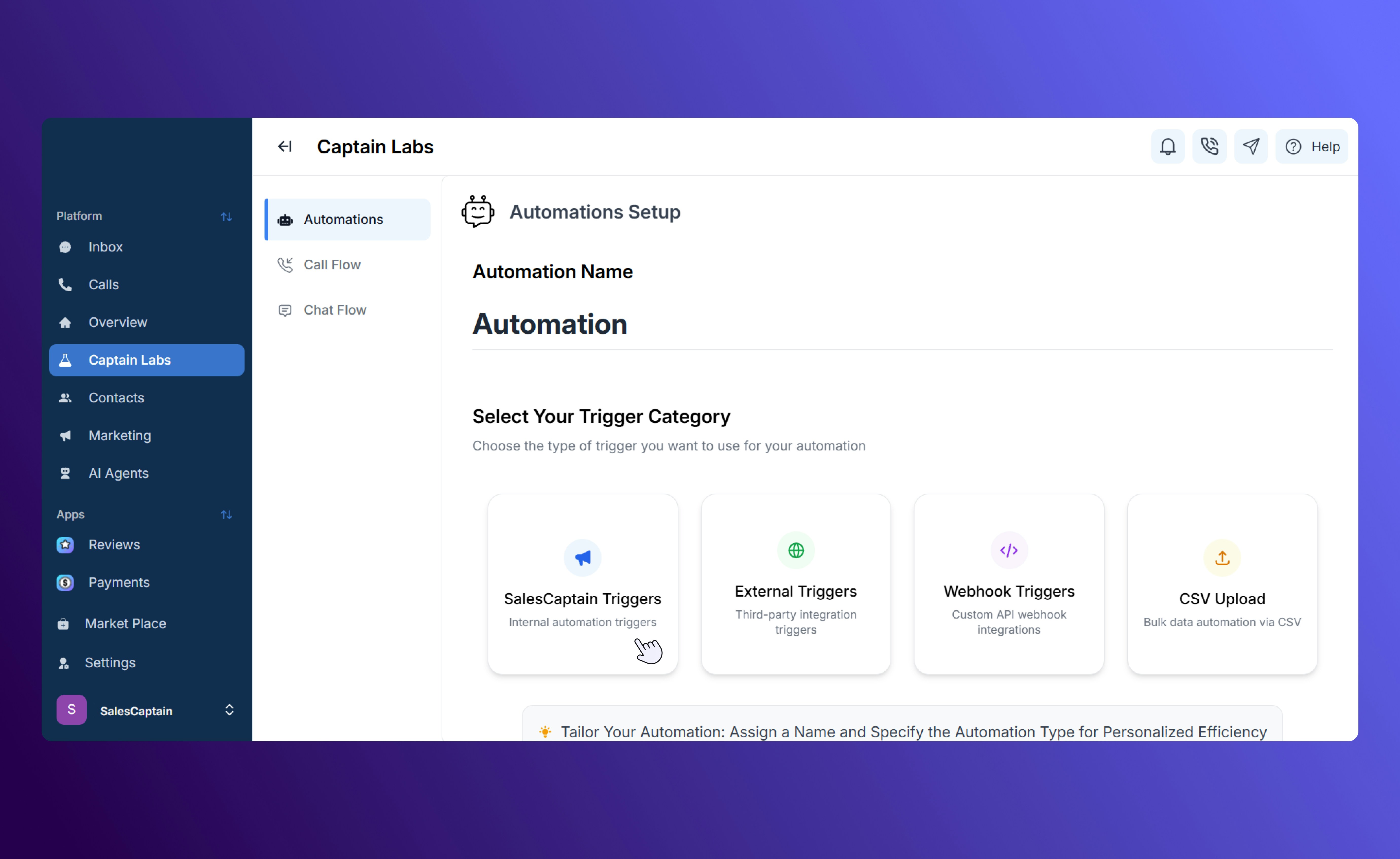 New automation screen showing types of available triggers