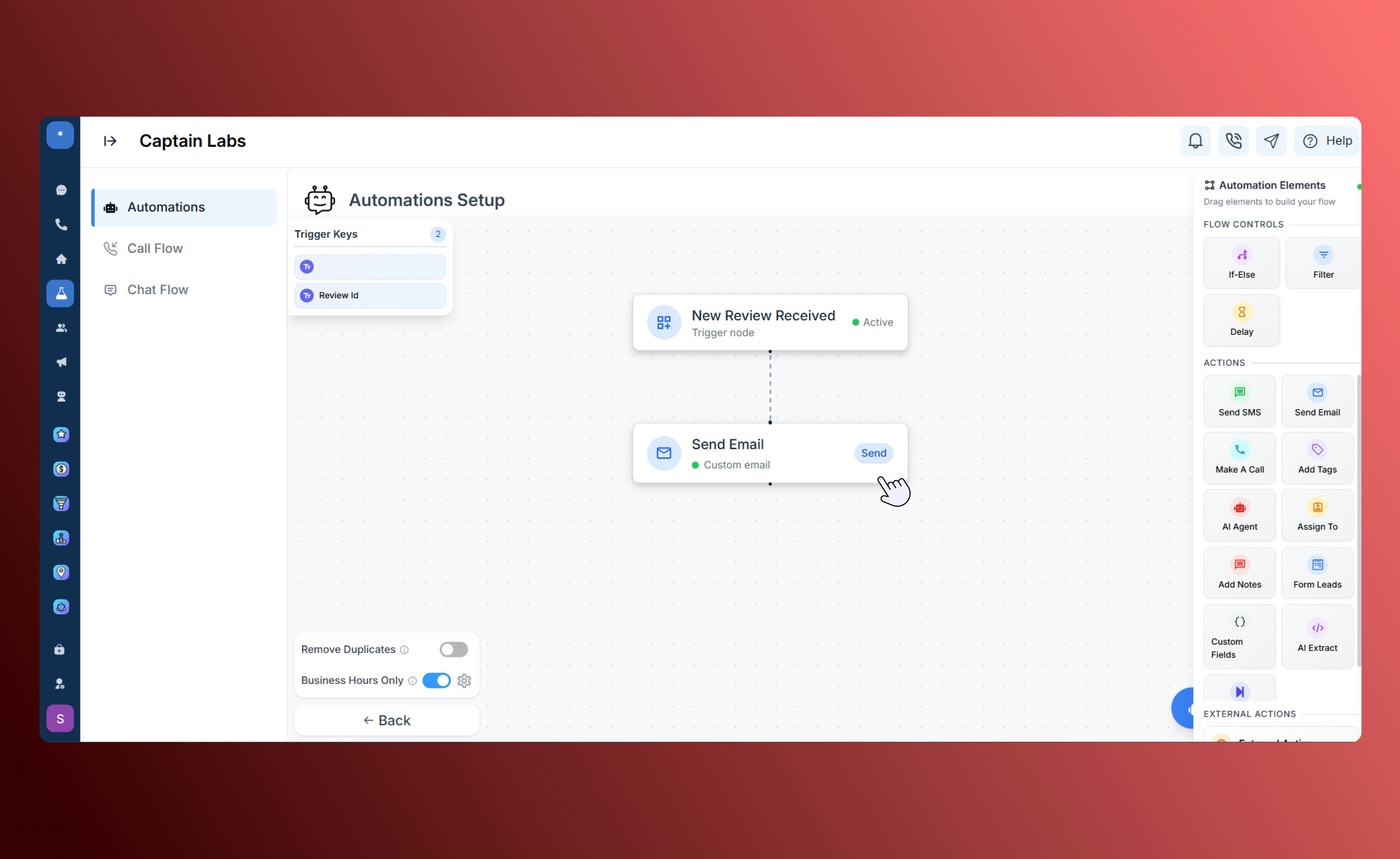 Canvas view with Send Email element in SalesCaptain automation builder