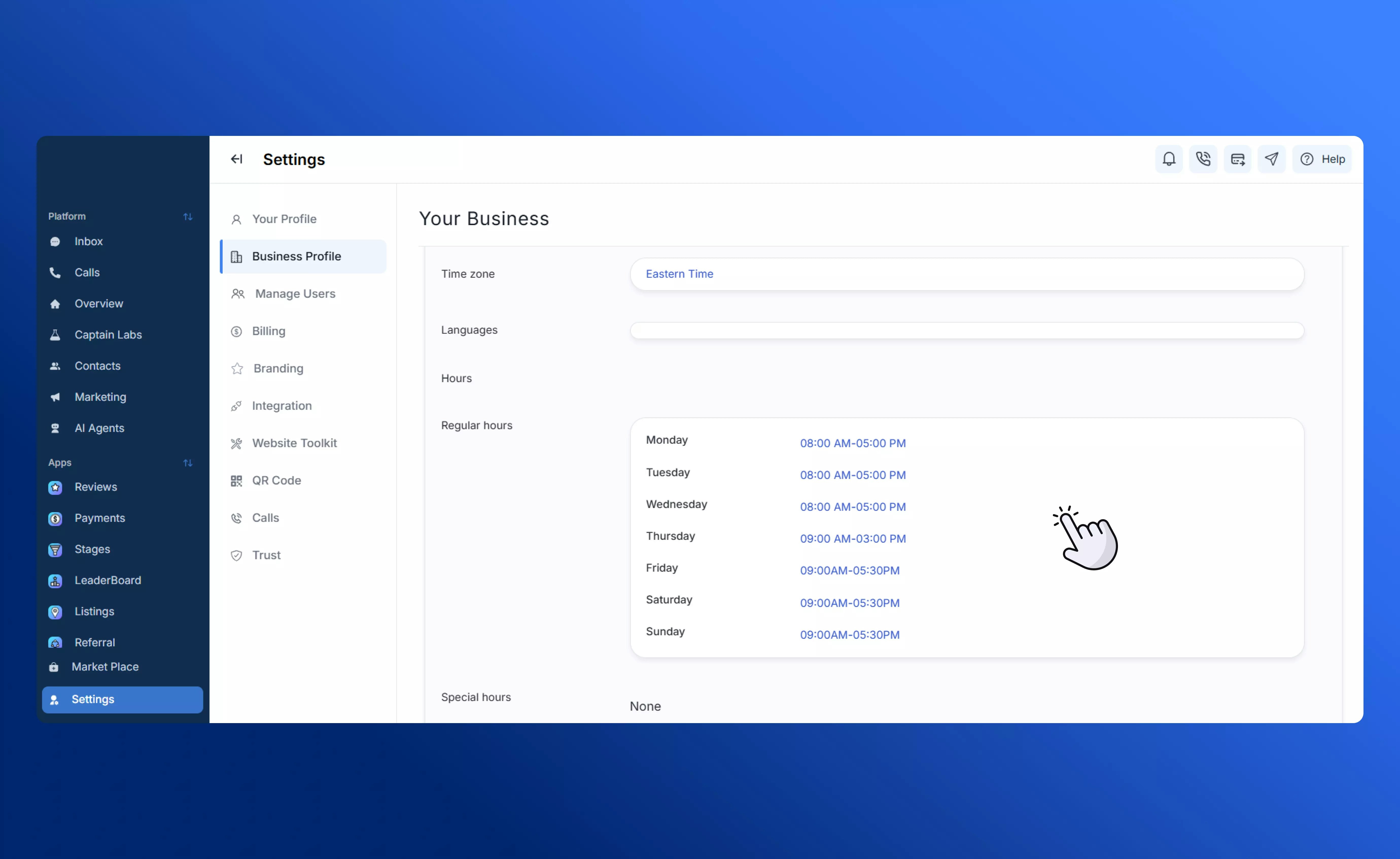 Defining business hours for after-hours routing in SalesCaptain