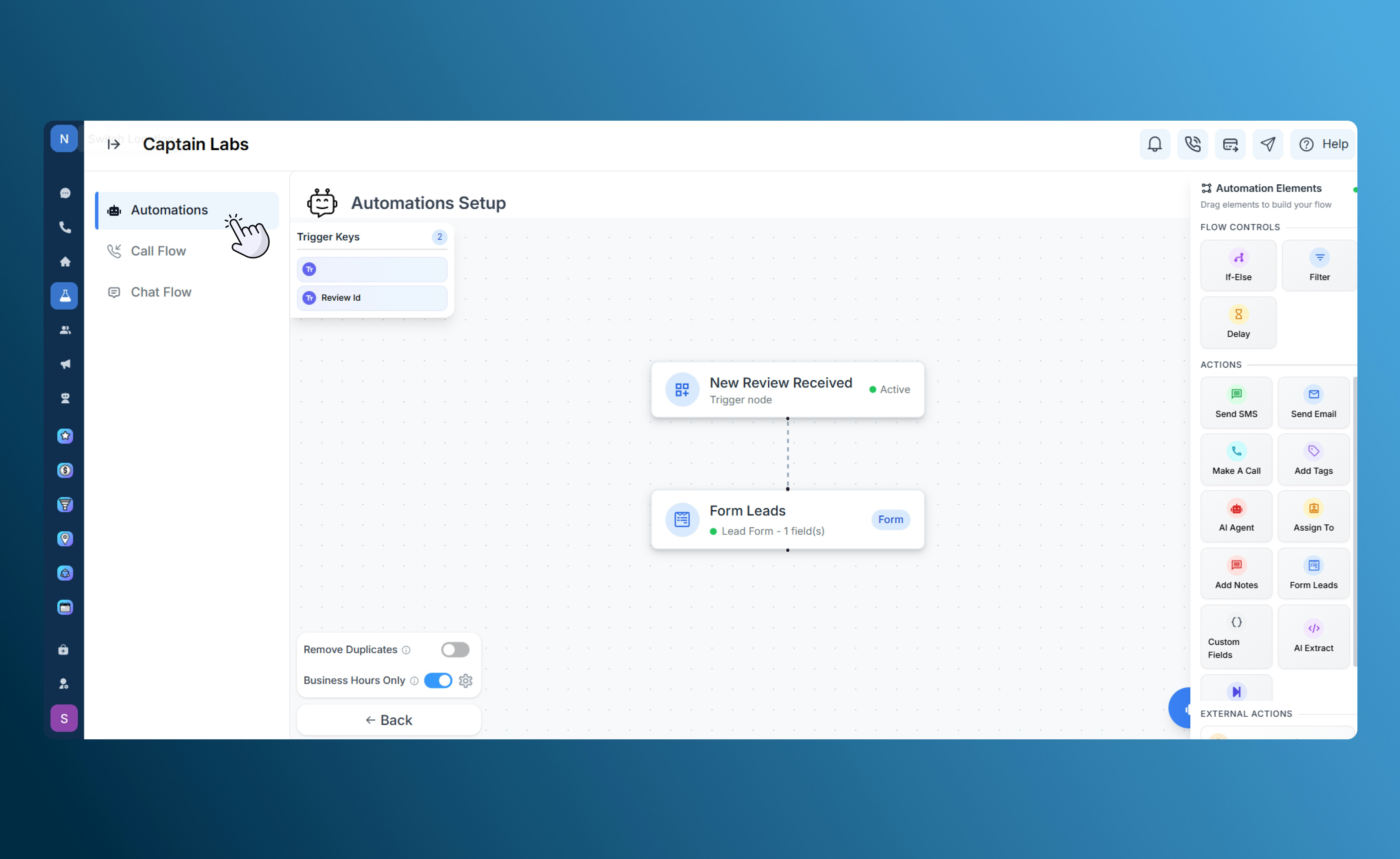 Canvas view with Form Leads element in SalesCaptain automation builder