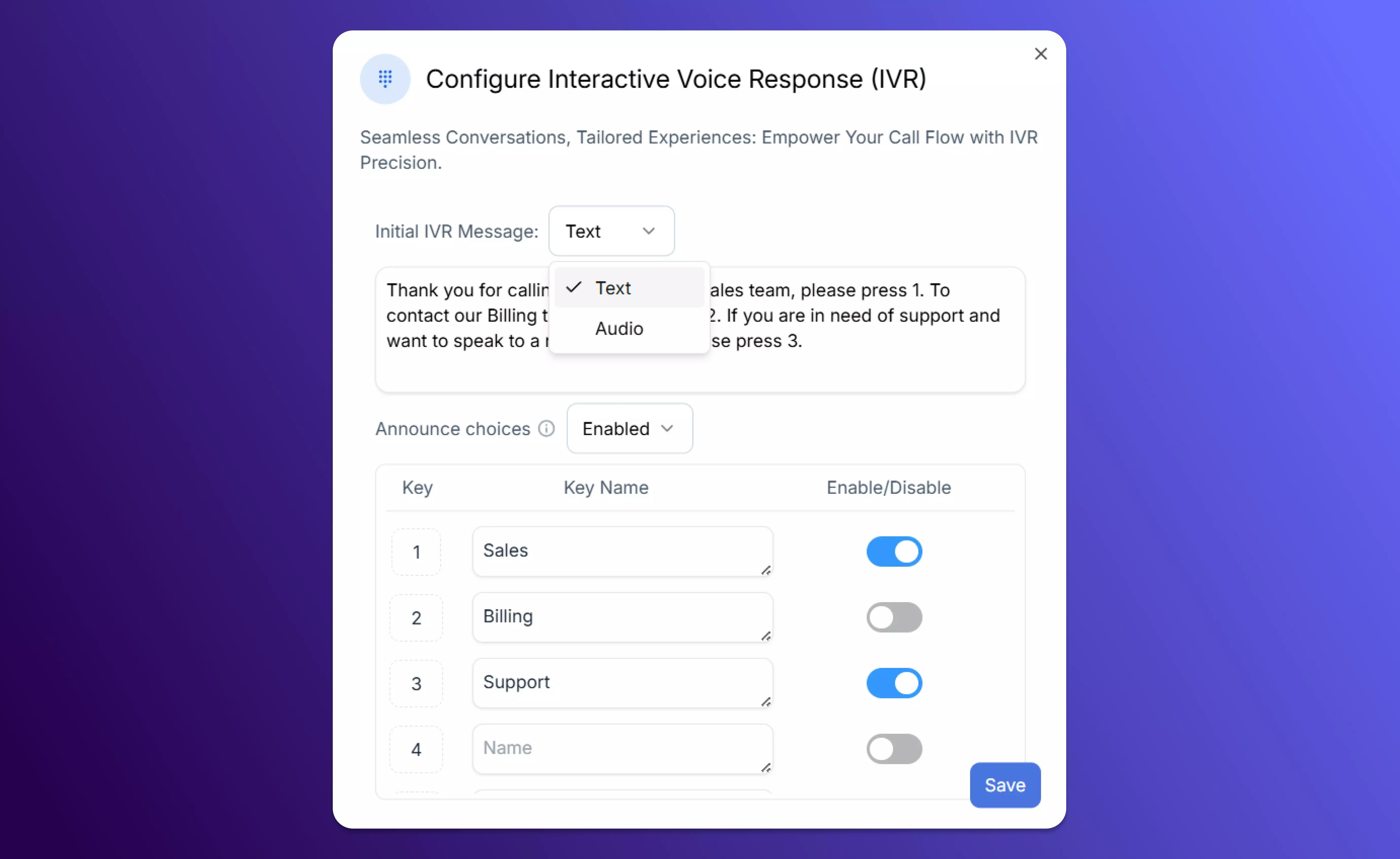IVR configuration options in SalesCaptain call flow builder