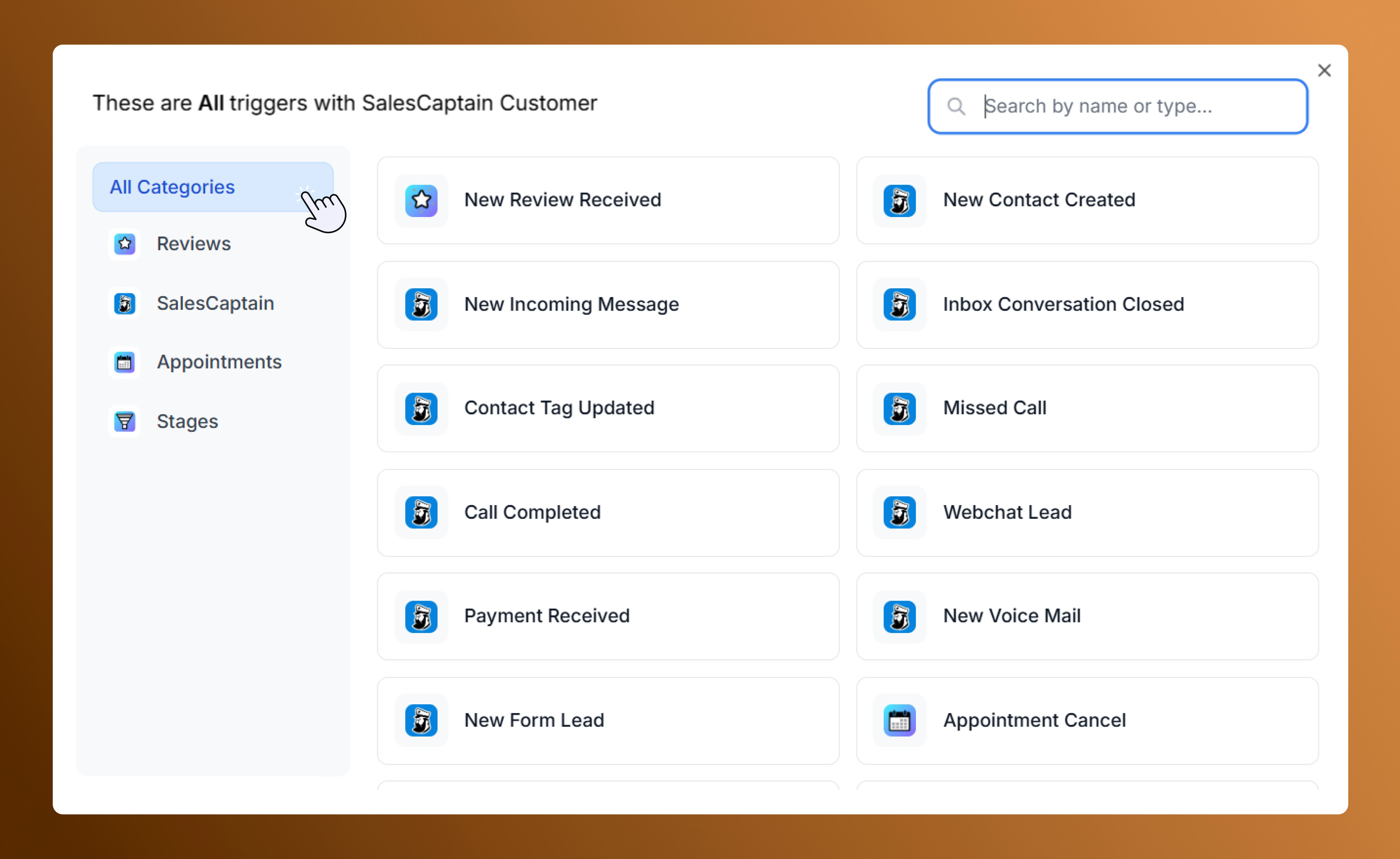 Popup showing all available SalesCaptain triggers for automation
