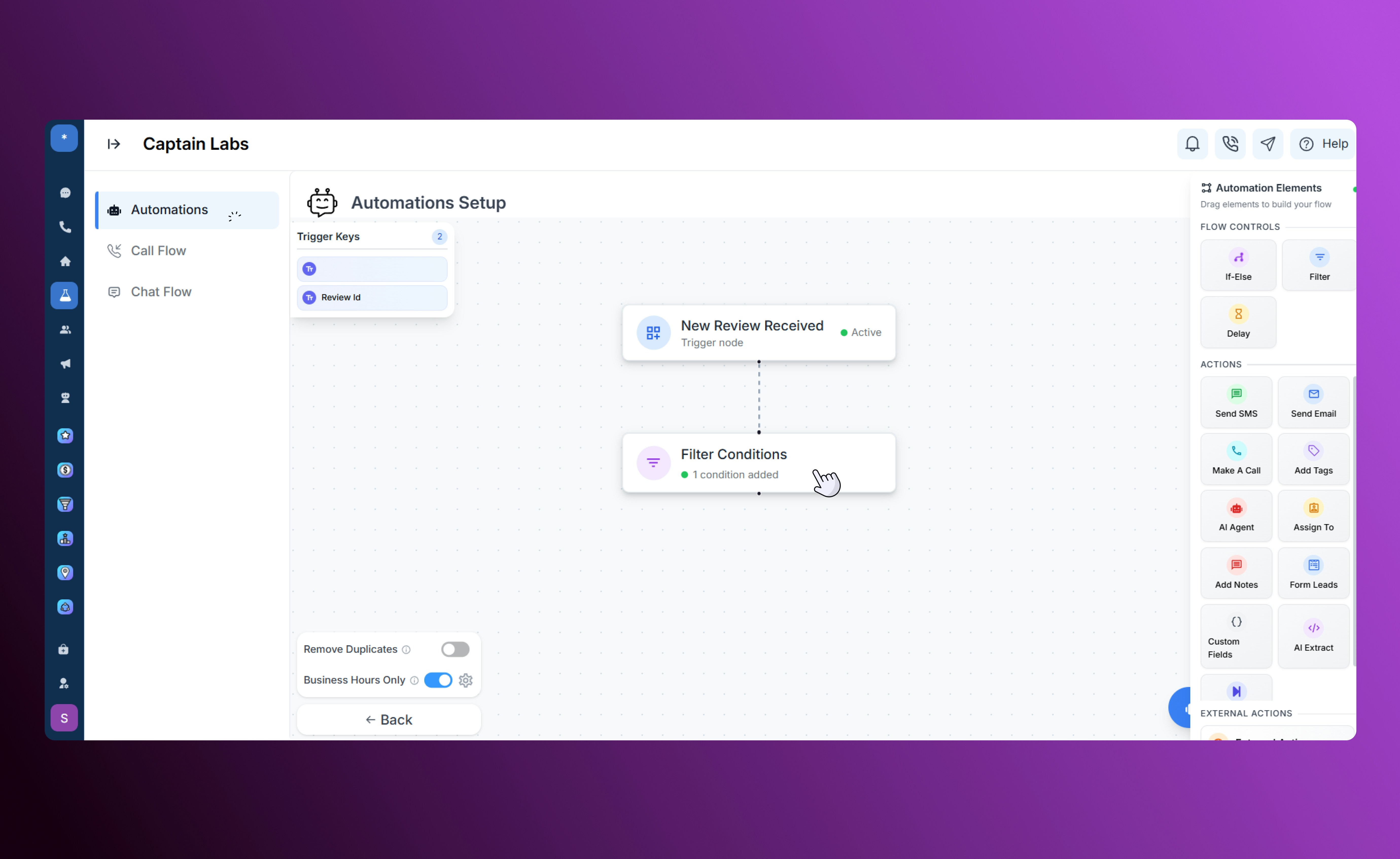 Canvas view with Filter element in SalesCaptain automation builder