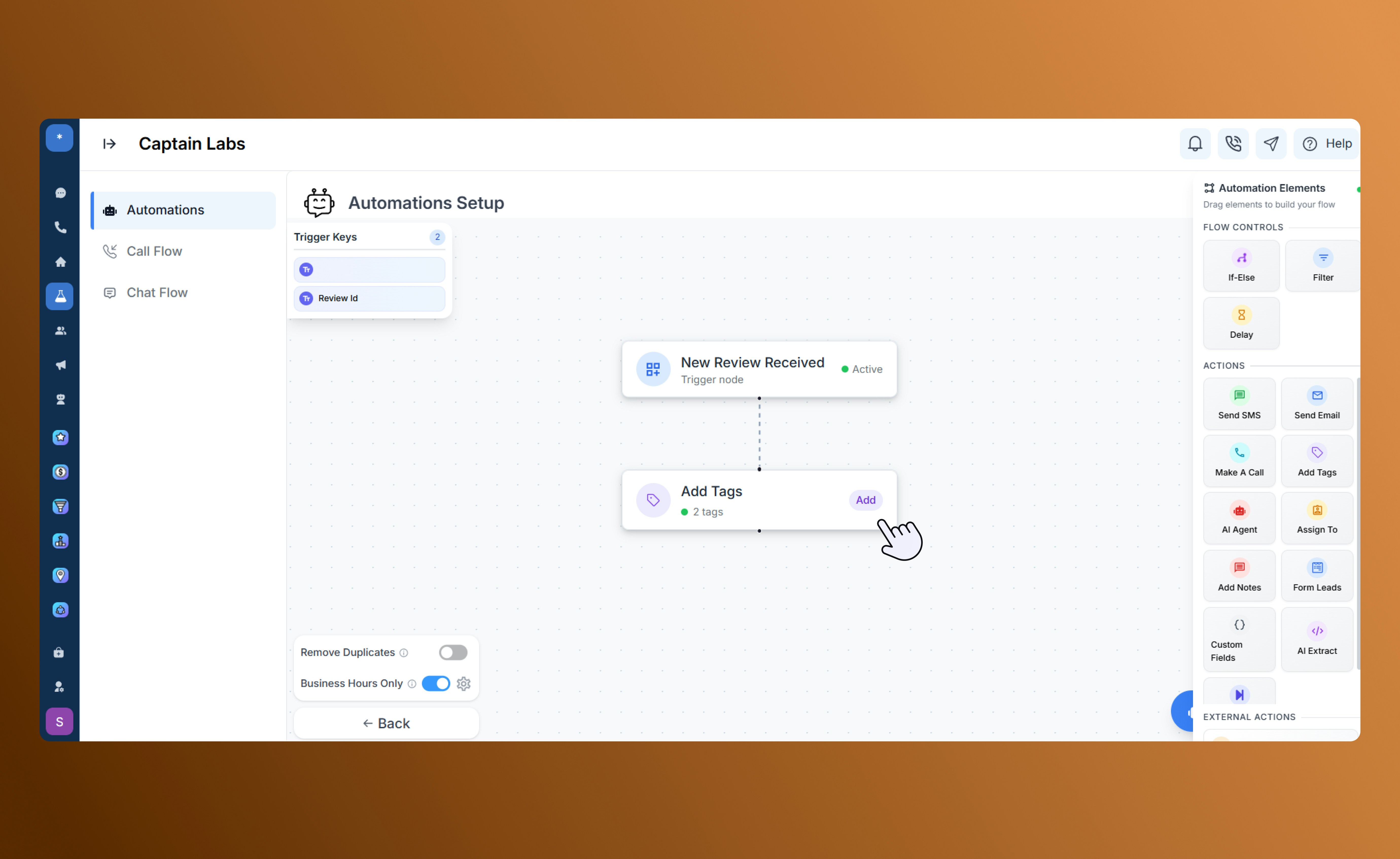 Canvas view with Add Tags element in SalesCaptain automation builder