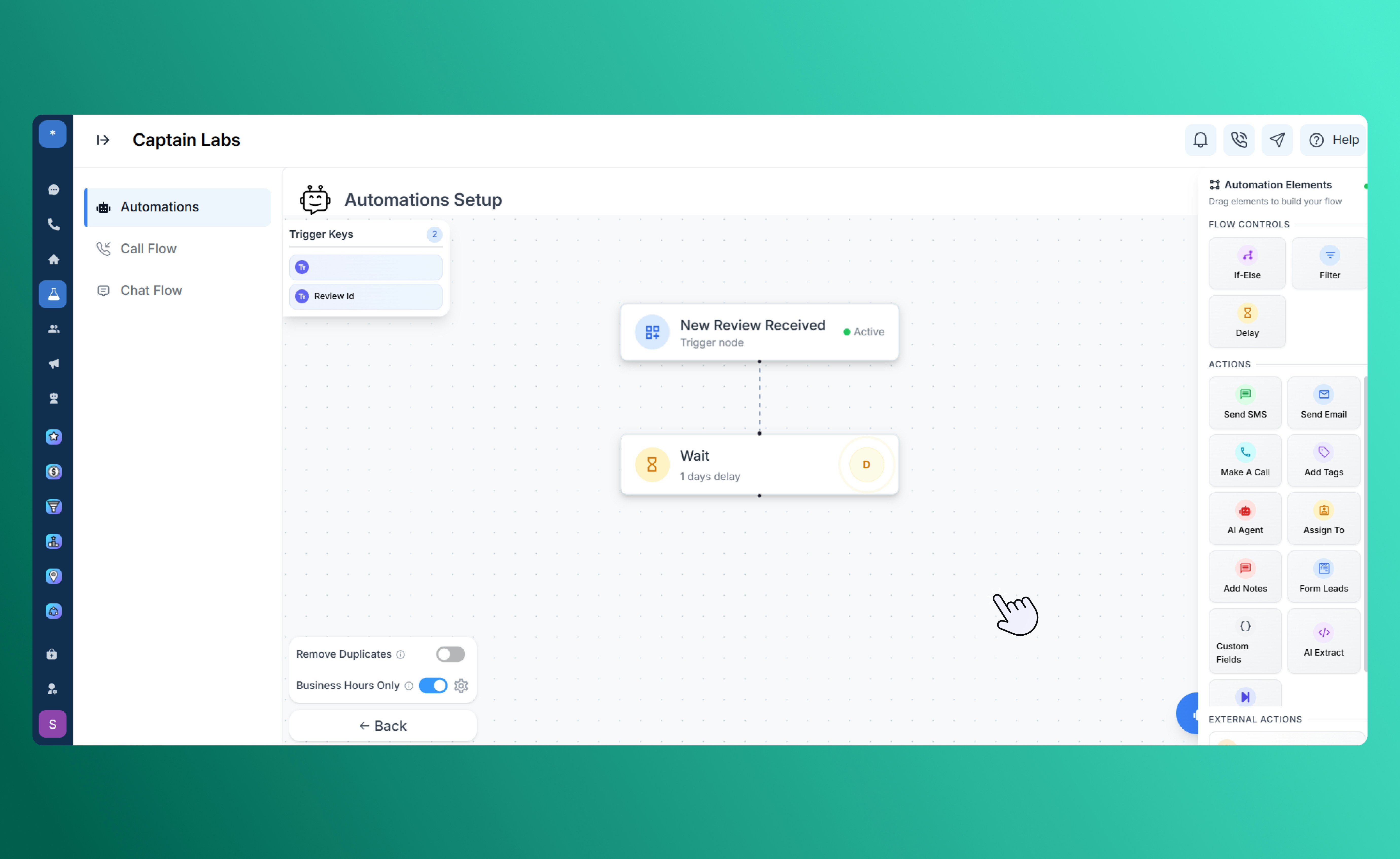 Canvas view with Delay element in SalesCaptain automation builder