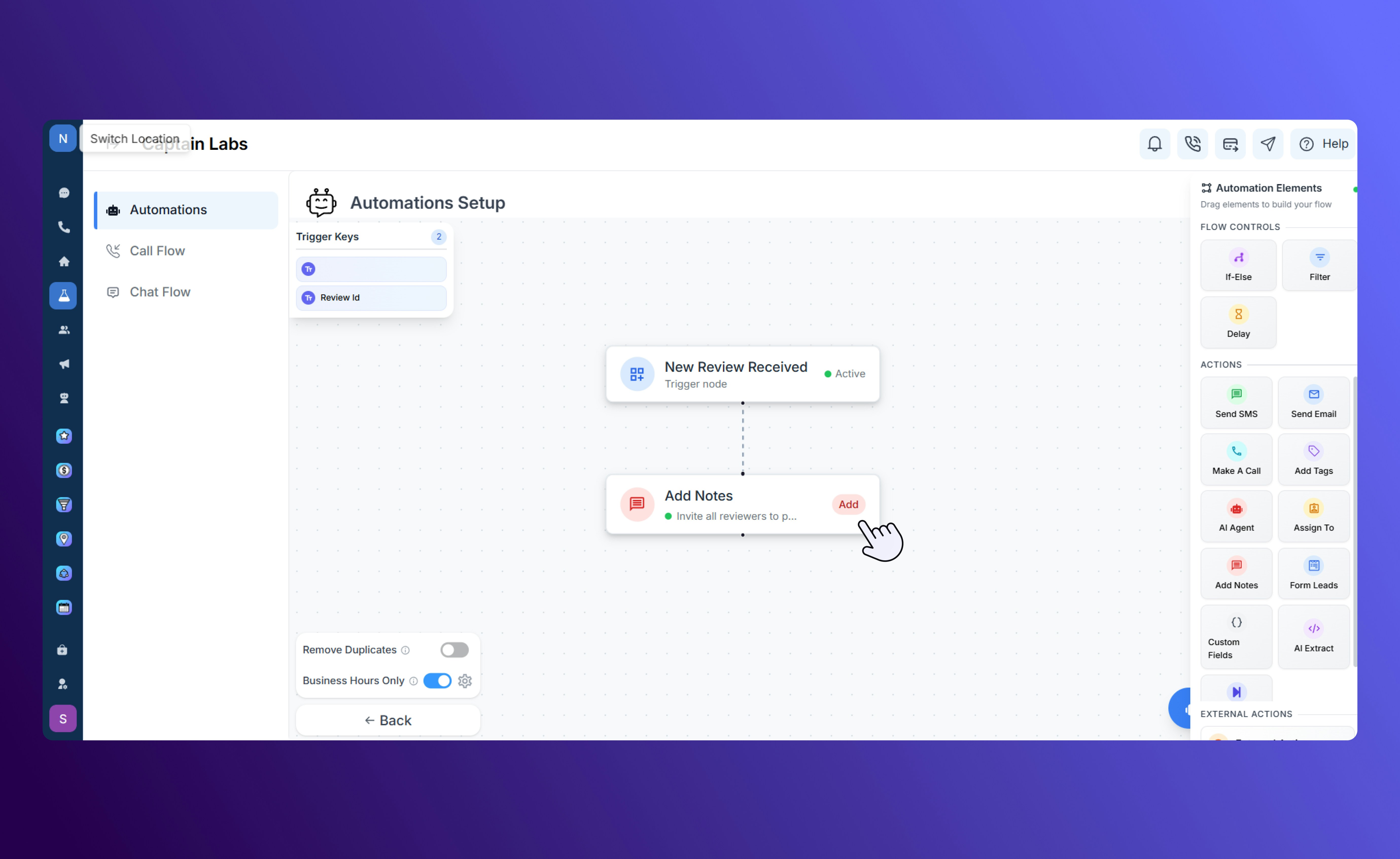 Canvas view with Add Notes element in SalesCaptain automation builder