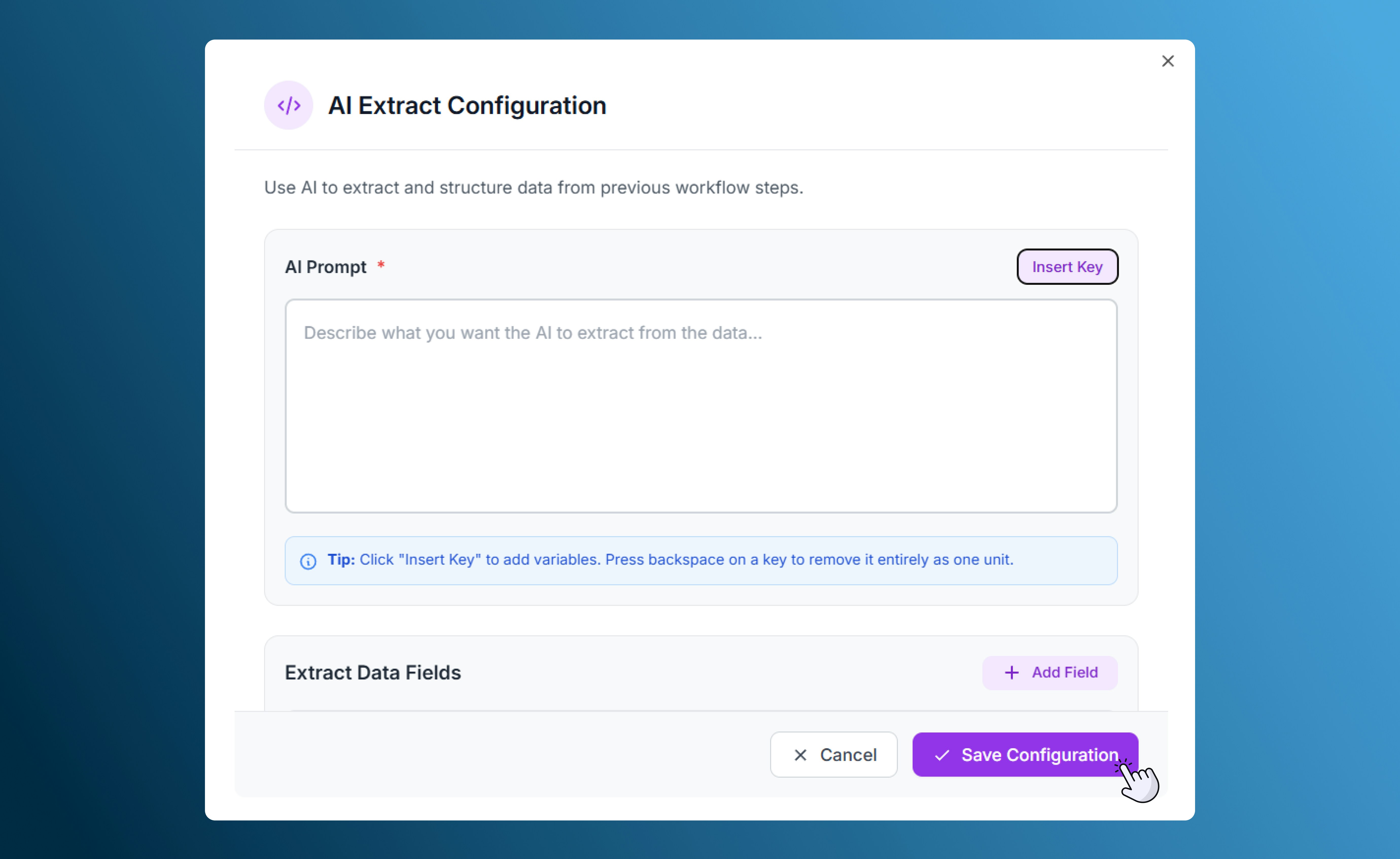 AI Extract configuration options in SalesCaptain automation builder