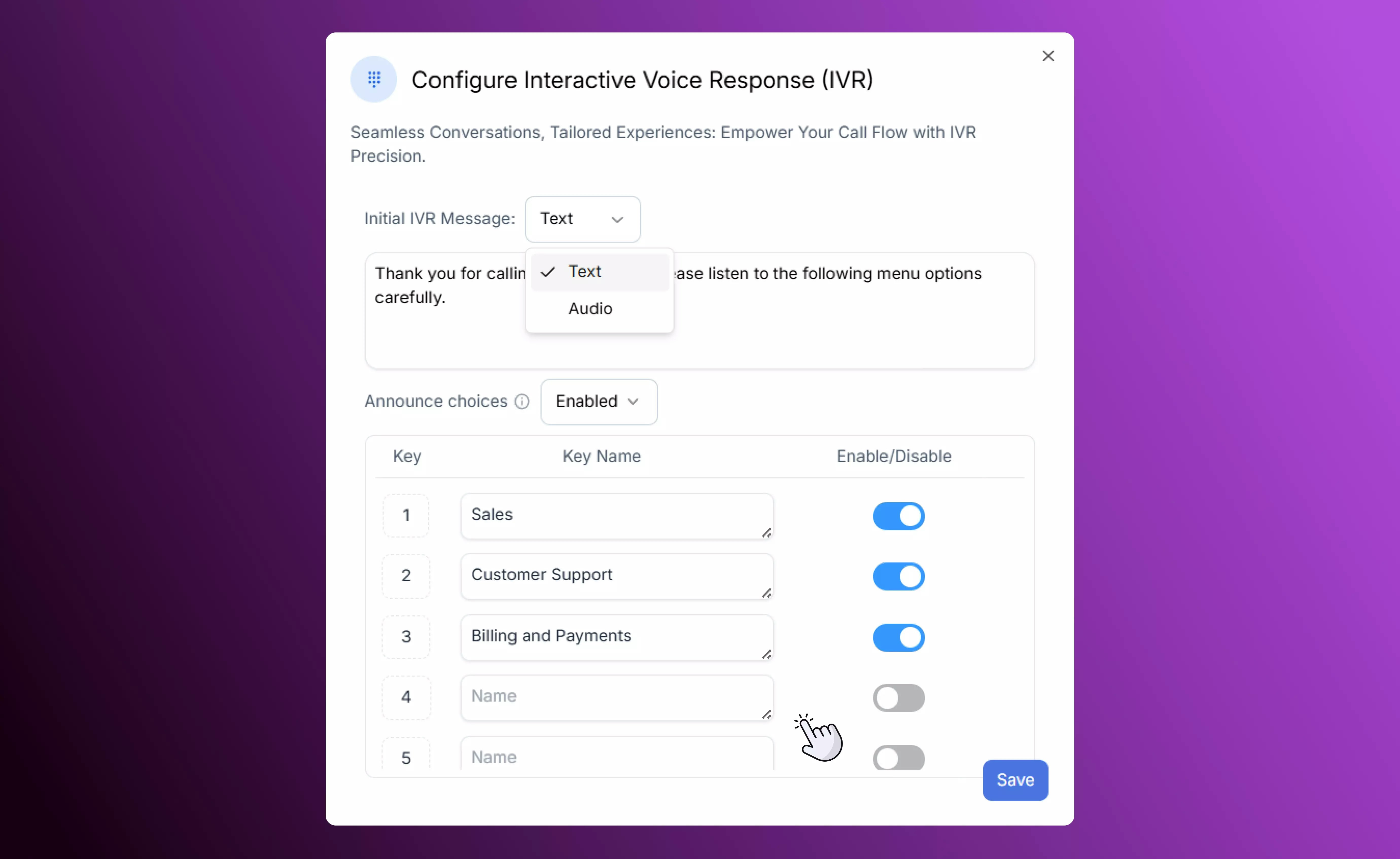 IVR configuration options in SalesCaptain call flow builder