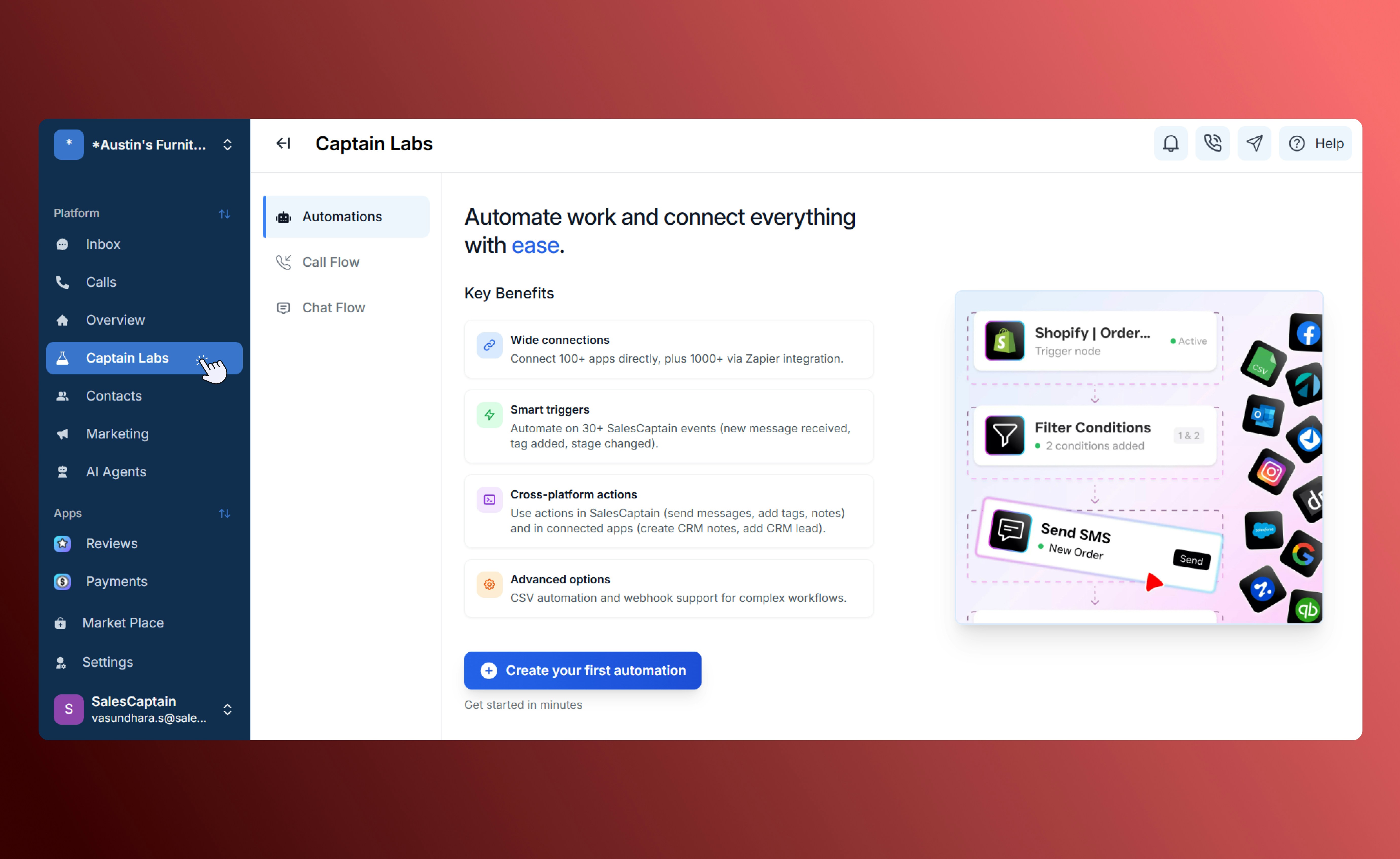 Captain Labs homepage showing Automation setup