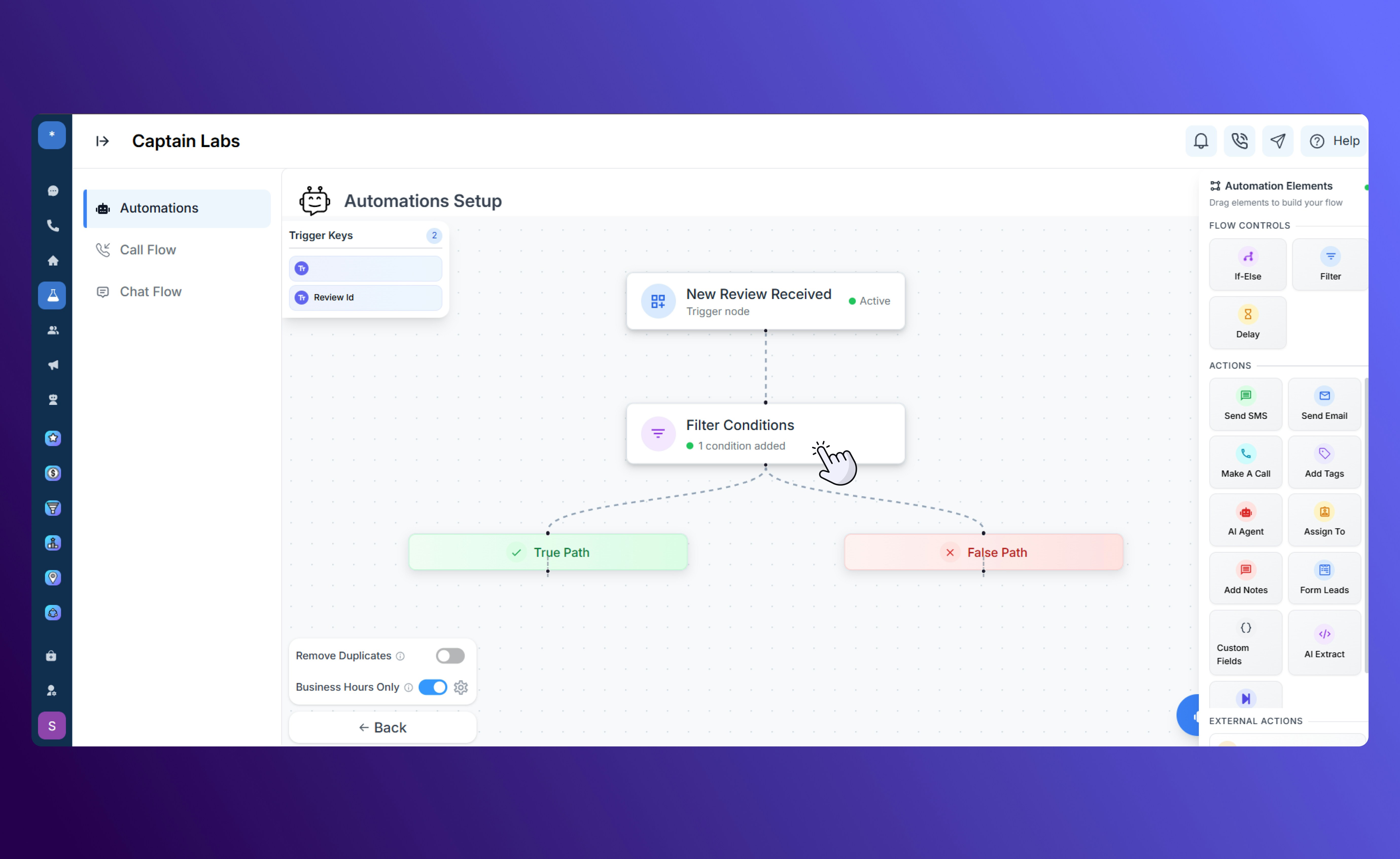 Canvas view with If/Else element in SalesCaptain automation builder