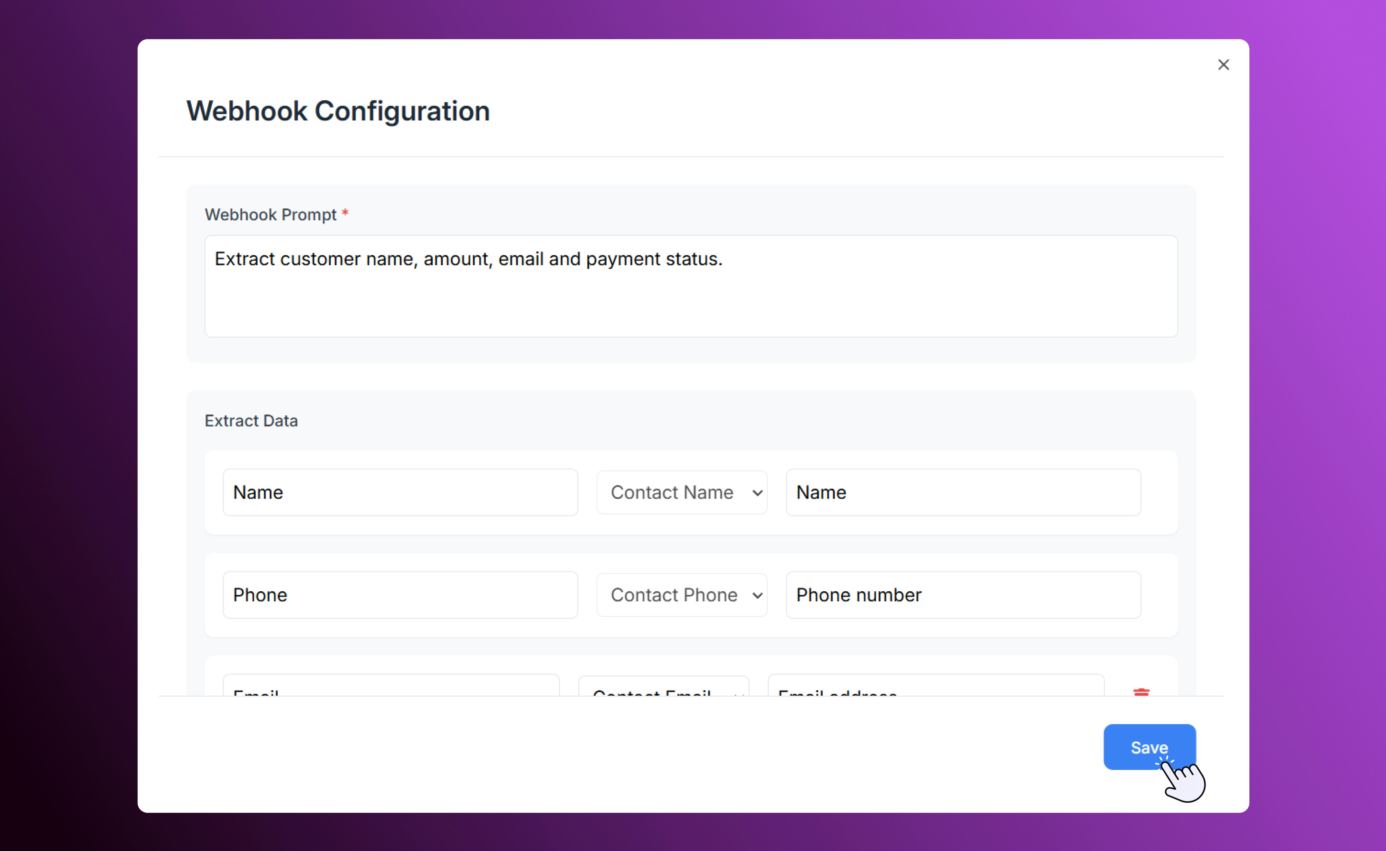 Popup showing CSV upload configuration options for triggering an automation