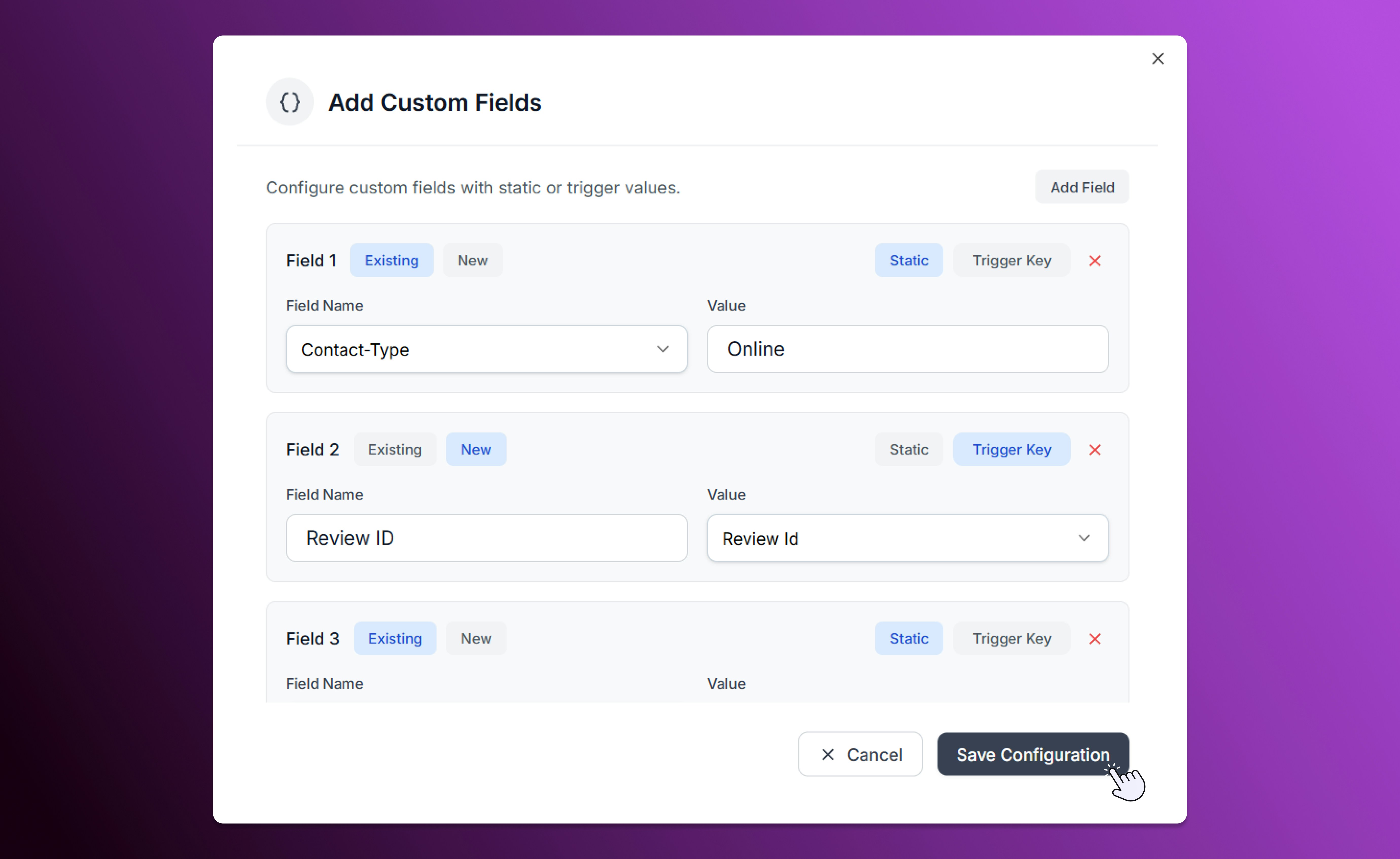 Custom Fields configuration options in SalesCaptain automation builder